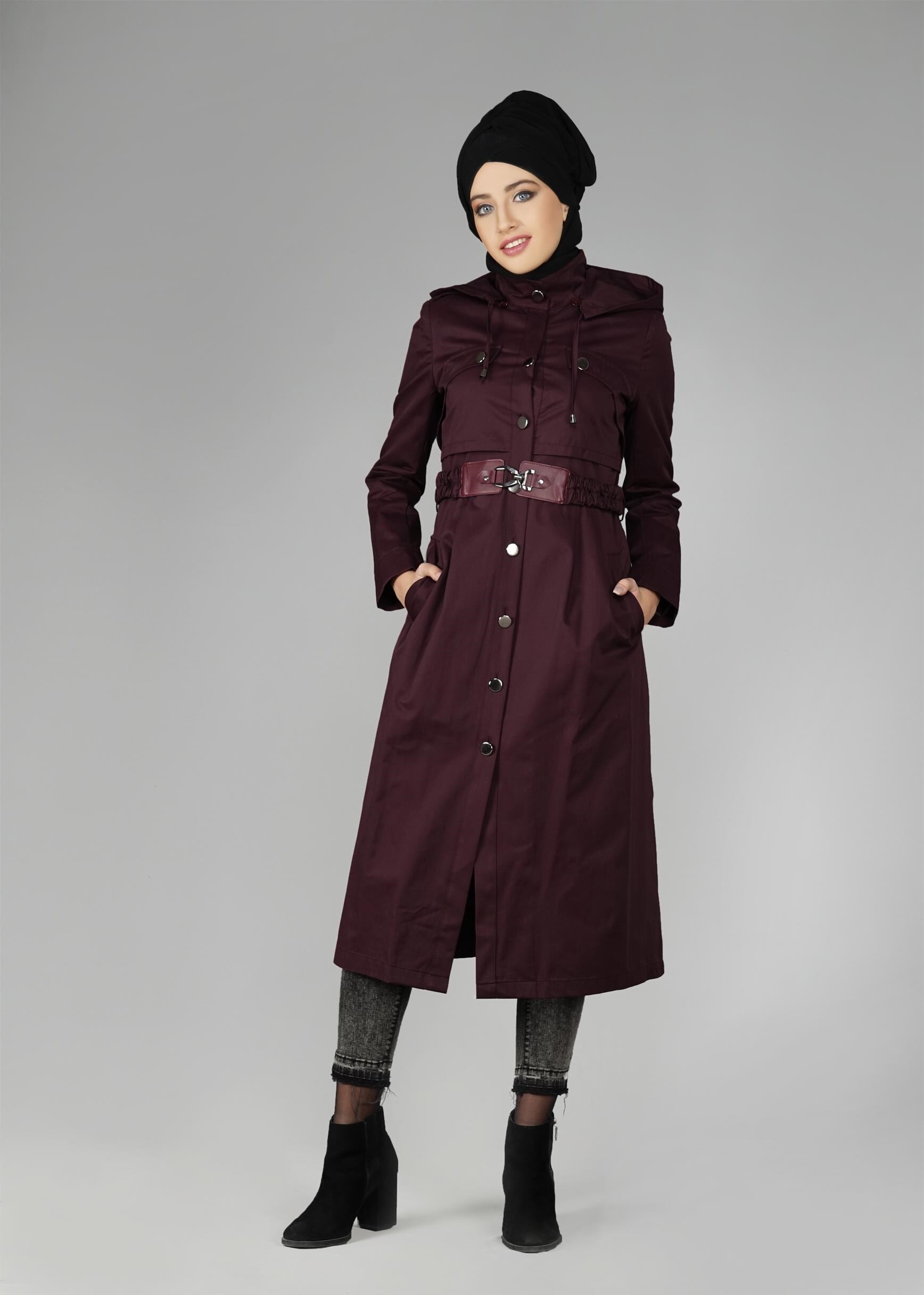 Tesettür giyim MÜRDÜM KAPÜŞONLU DÜĞMELİ TRENÇKOT 1954