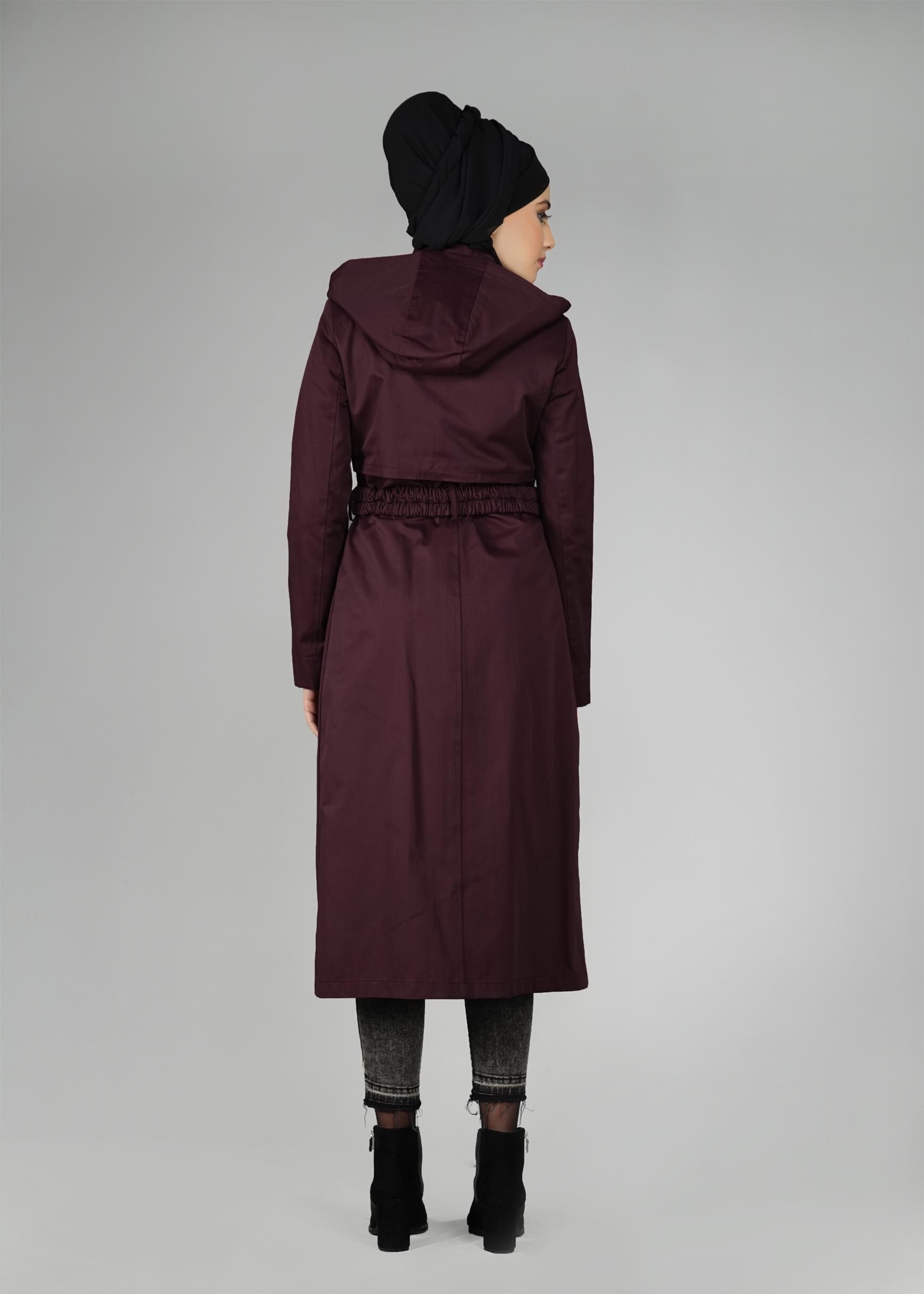 Tesettür giyim MÜRDÜM KAPÜŞONLU DÜĞMELİ TRENÇKOT 1954