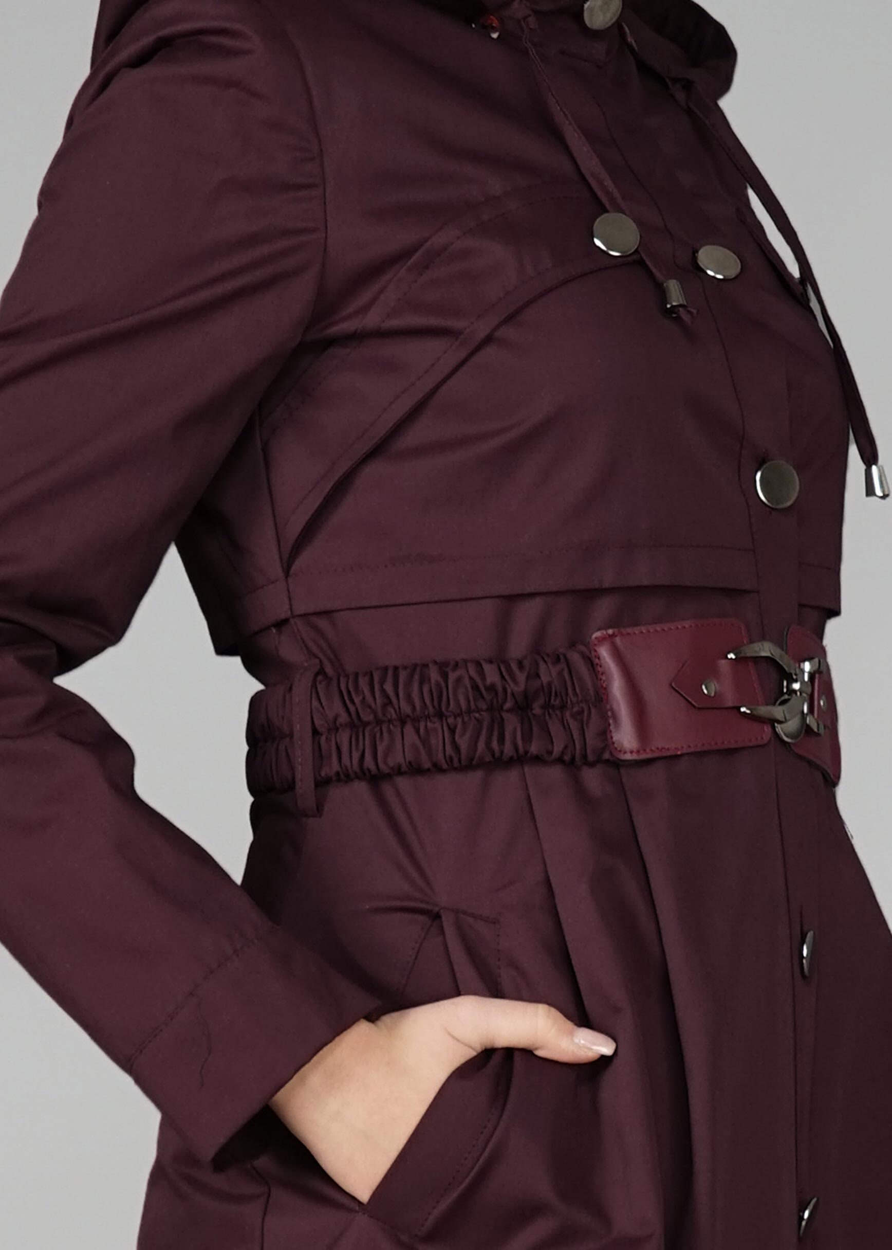 Tesettür giyim MÜRDÜM KAPÜŞONLU DÜĞMELİ TRENÇKOT 1954