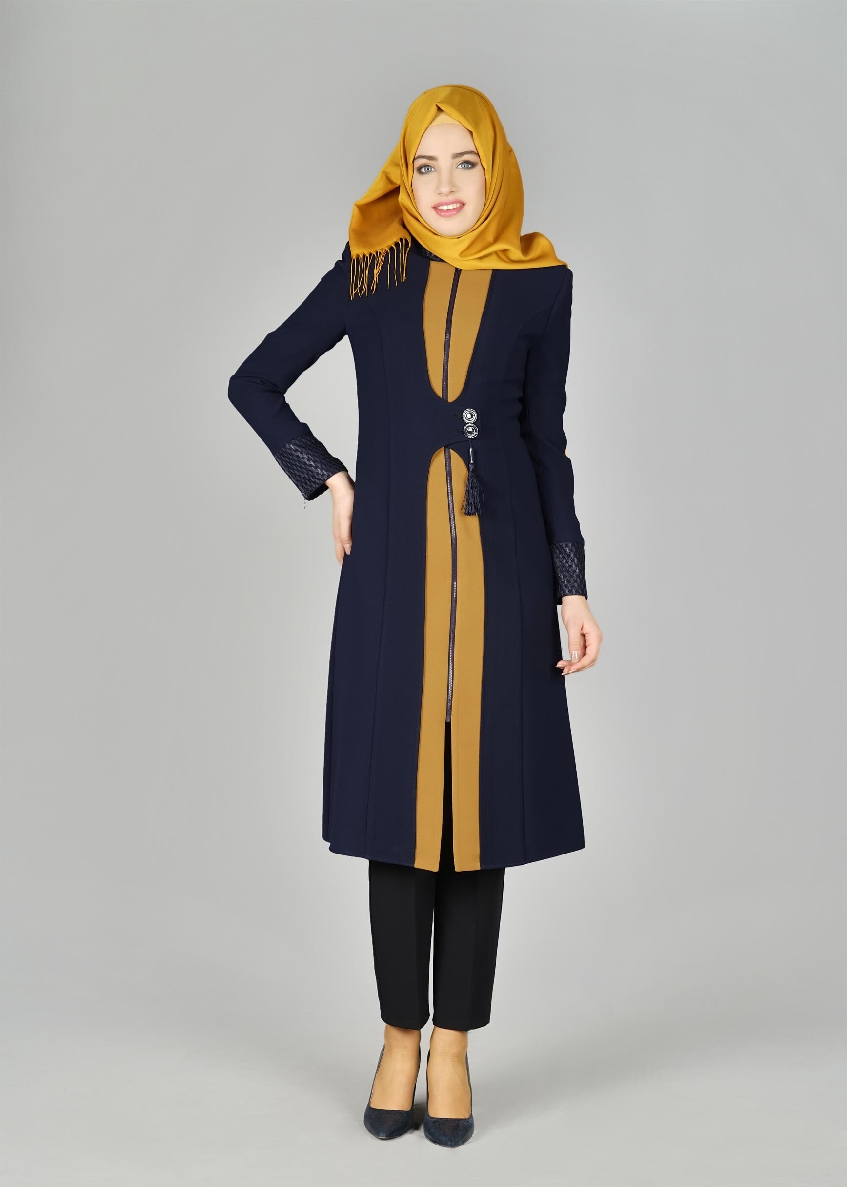 Tesettür giyim SARI BEL KISMI AKSESUARLI FERMUARLI TRENÇKOT 1959