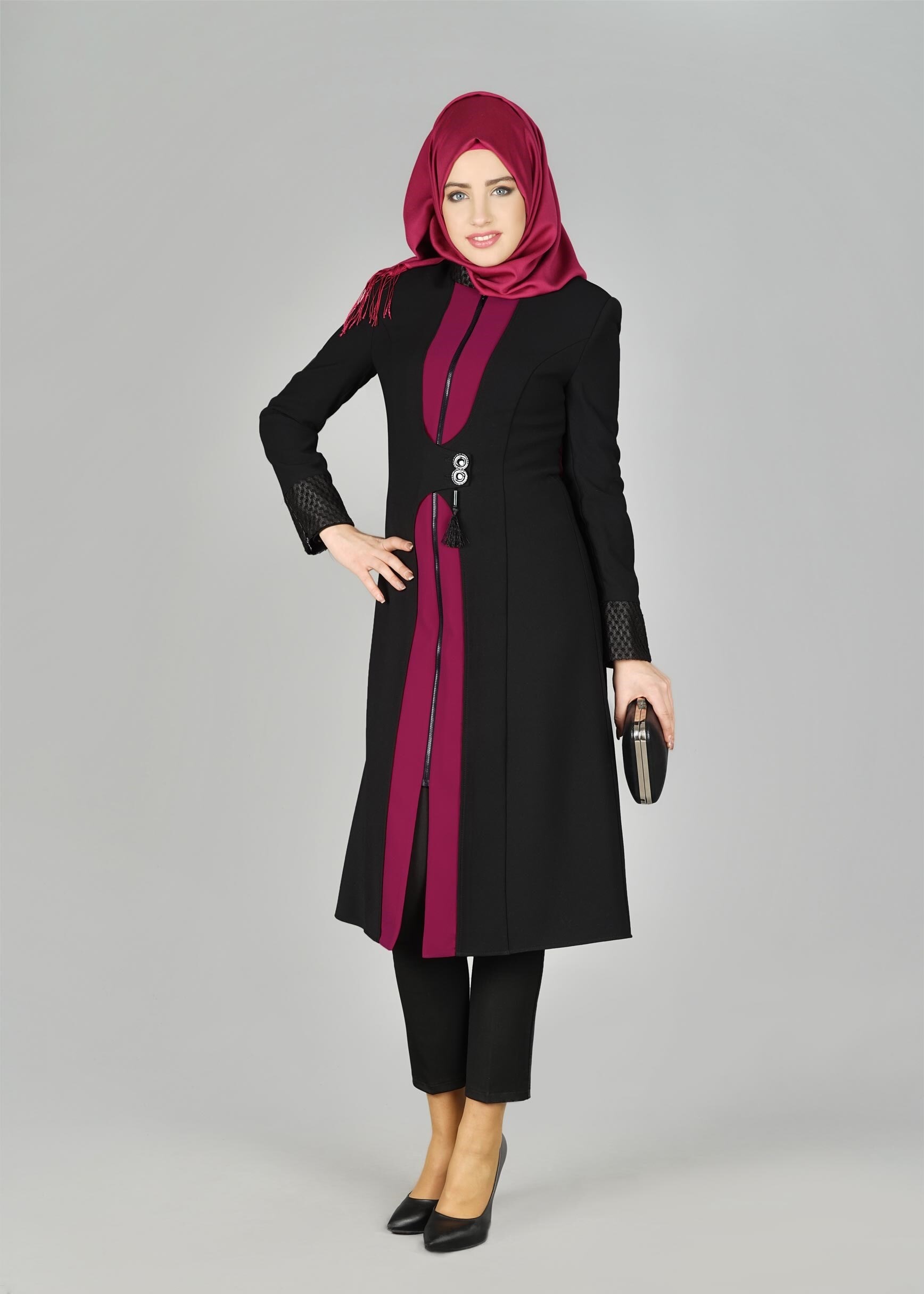 Tesettür giyim MOR BEL KISMI AKSESUARLI FERMUARLI TRENÇKOT 1959