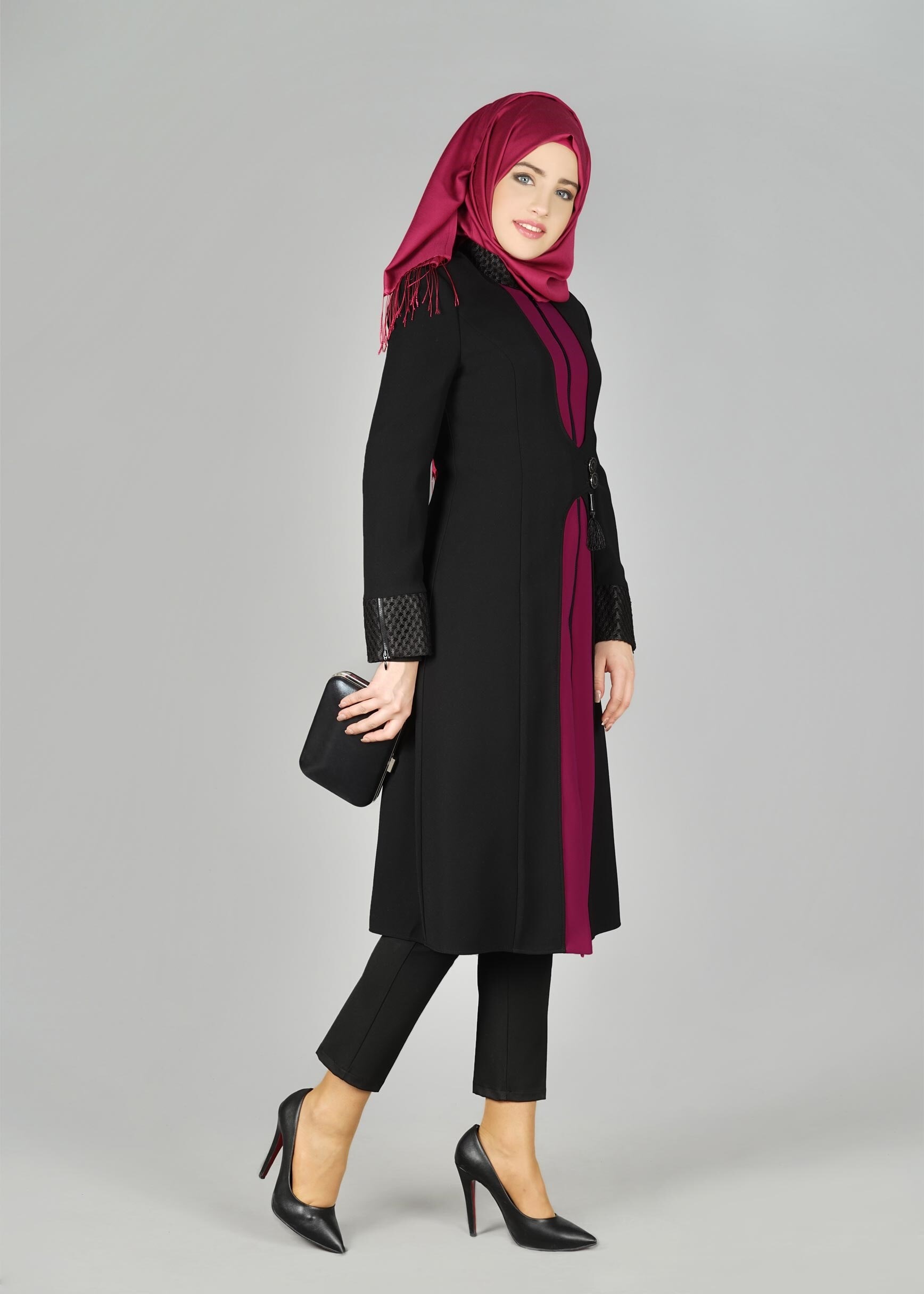 Tesettür giyim MOR BEL KISMI AKSESUARLI FERMUARLI TRENÇKOT 1959