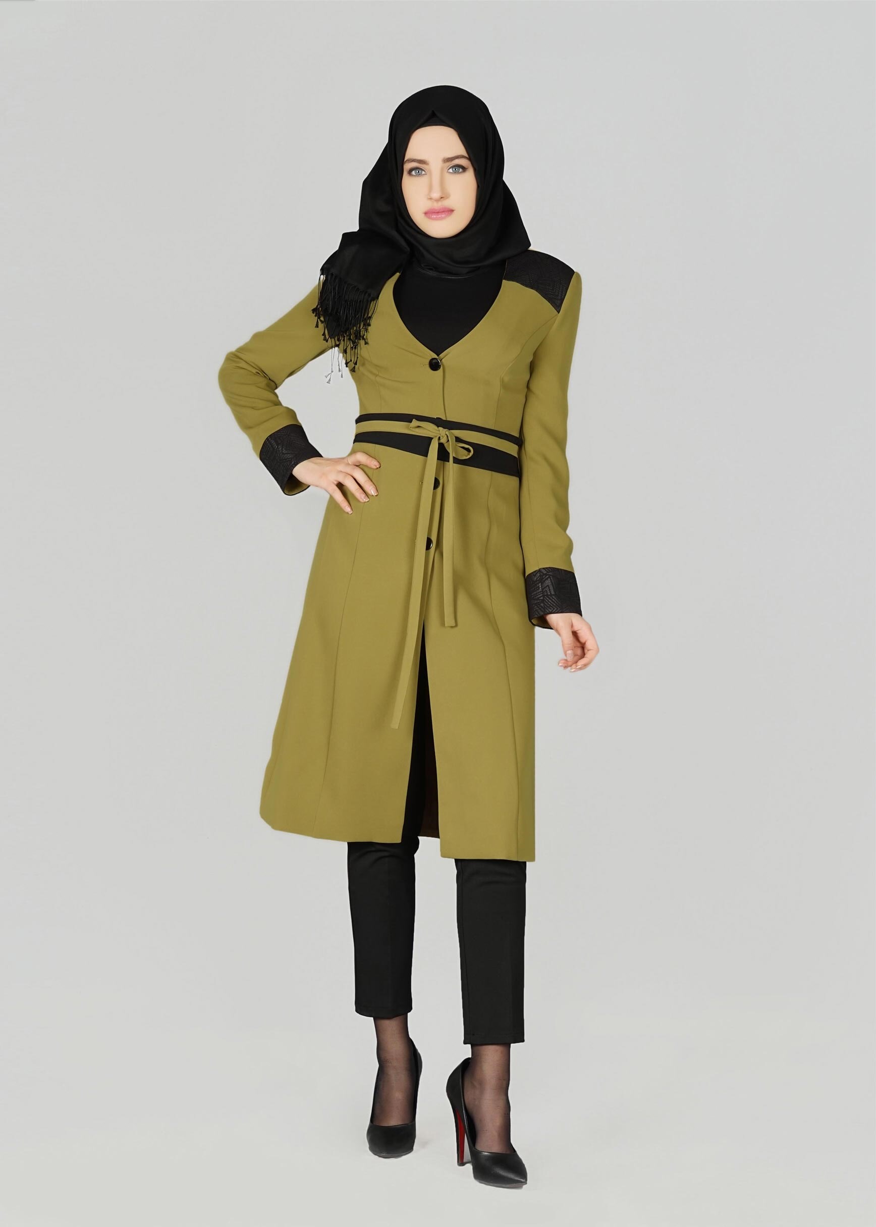 Tesettür giyim YEŞİL DÜĞMELİ KUŞAKLI CEKET 1965