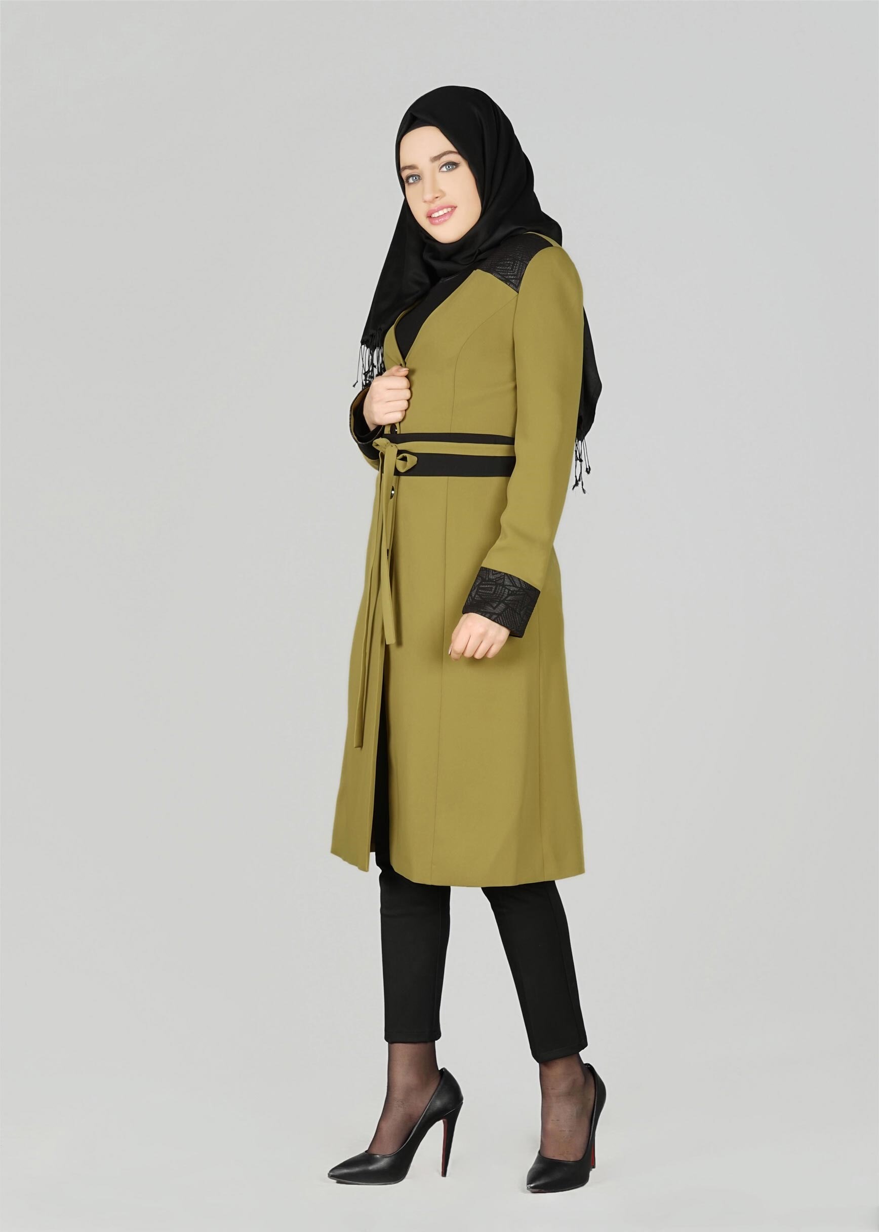Tesettür giyim YEŞİL DÜĞMELİ KUŞAKLI CEKET 1965