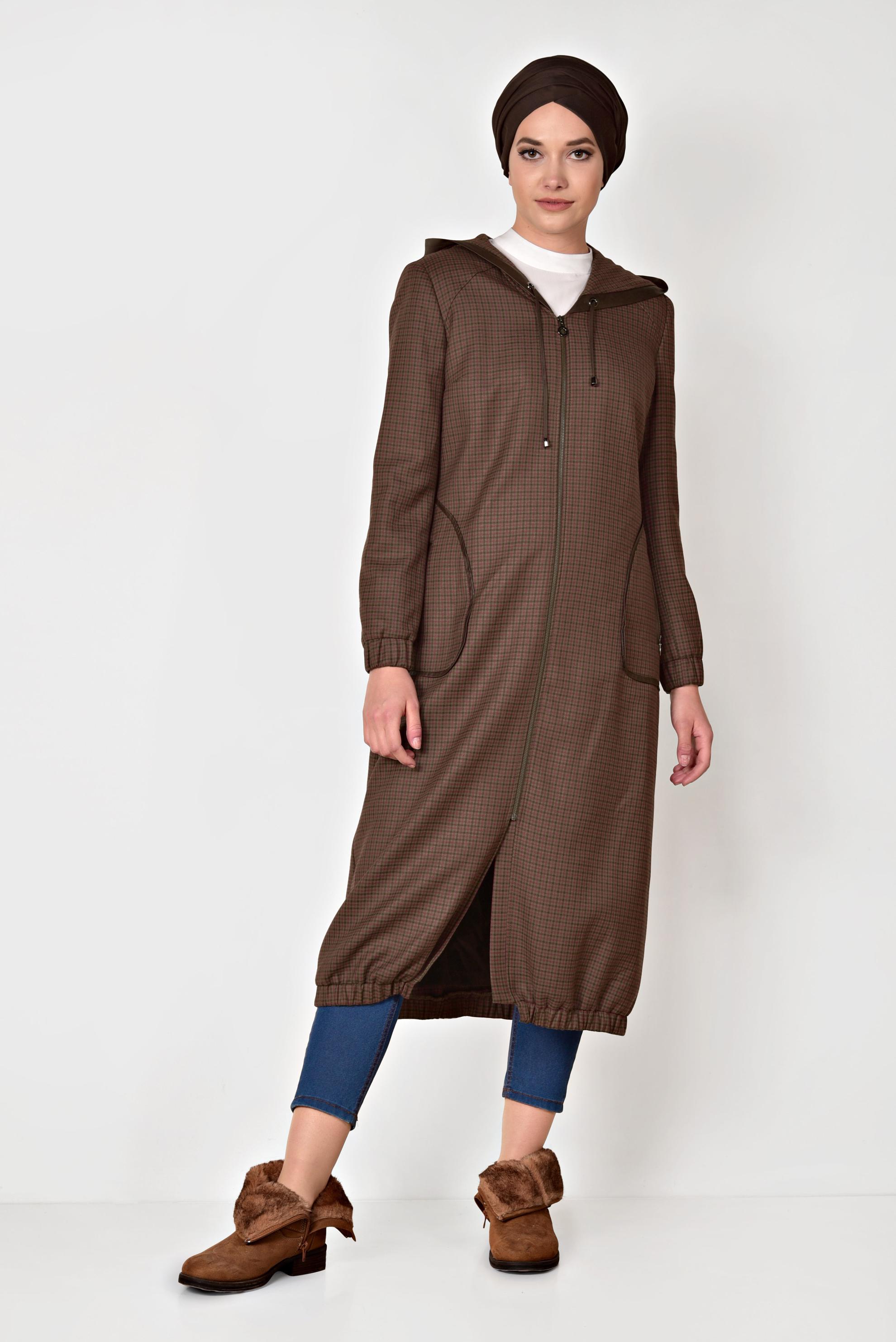 Tesettür giyim VİZON KAPÜŞONLU FERMUARLI TRENÇKOT 1915-1