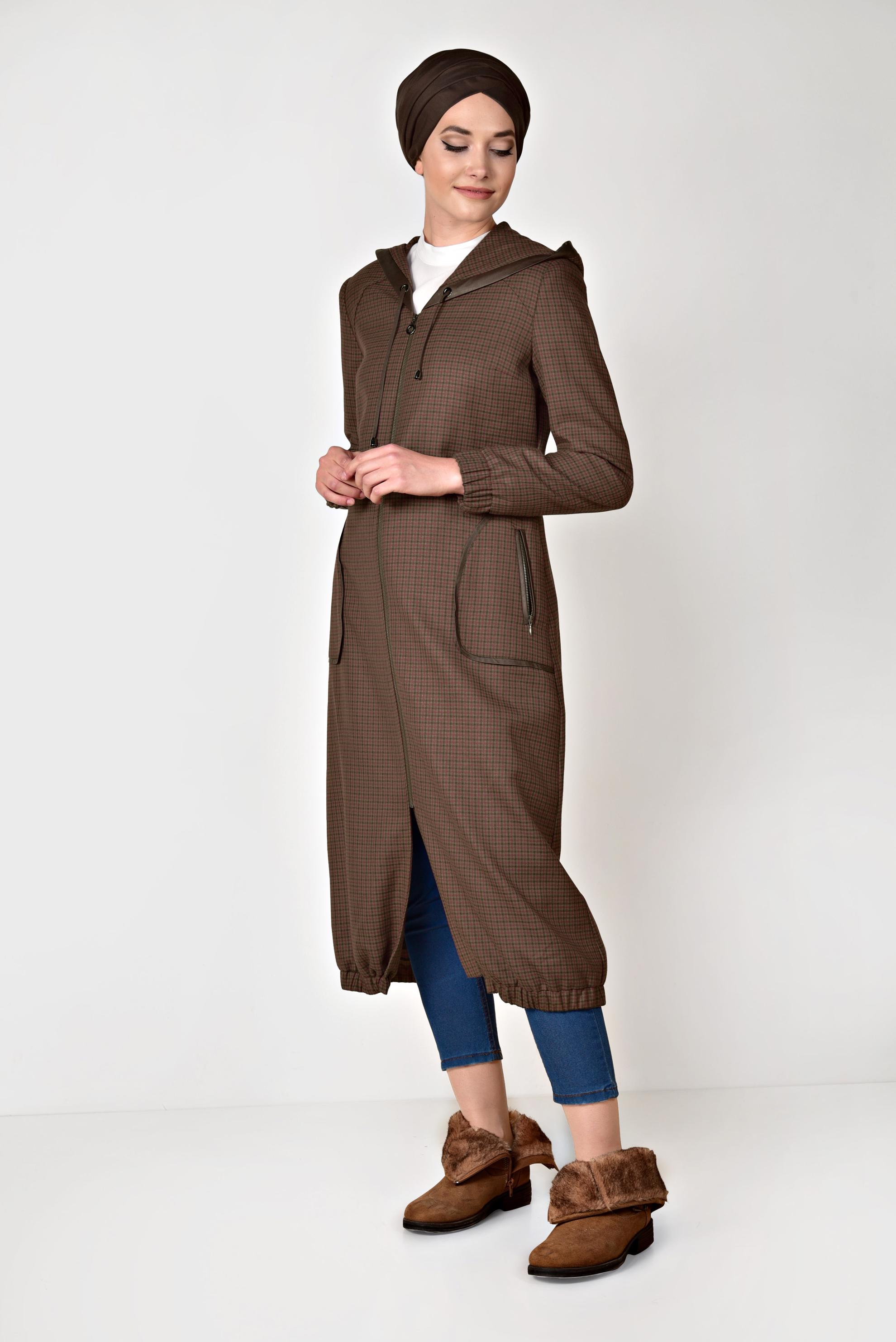 Tesettür giyim VİZON KAPÜŞONLU FERMUARLI TRENÇKOT 1915-1