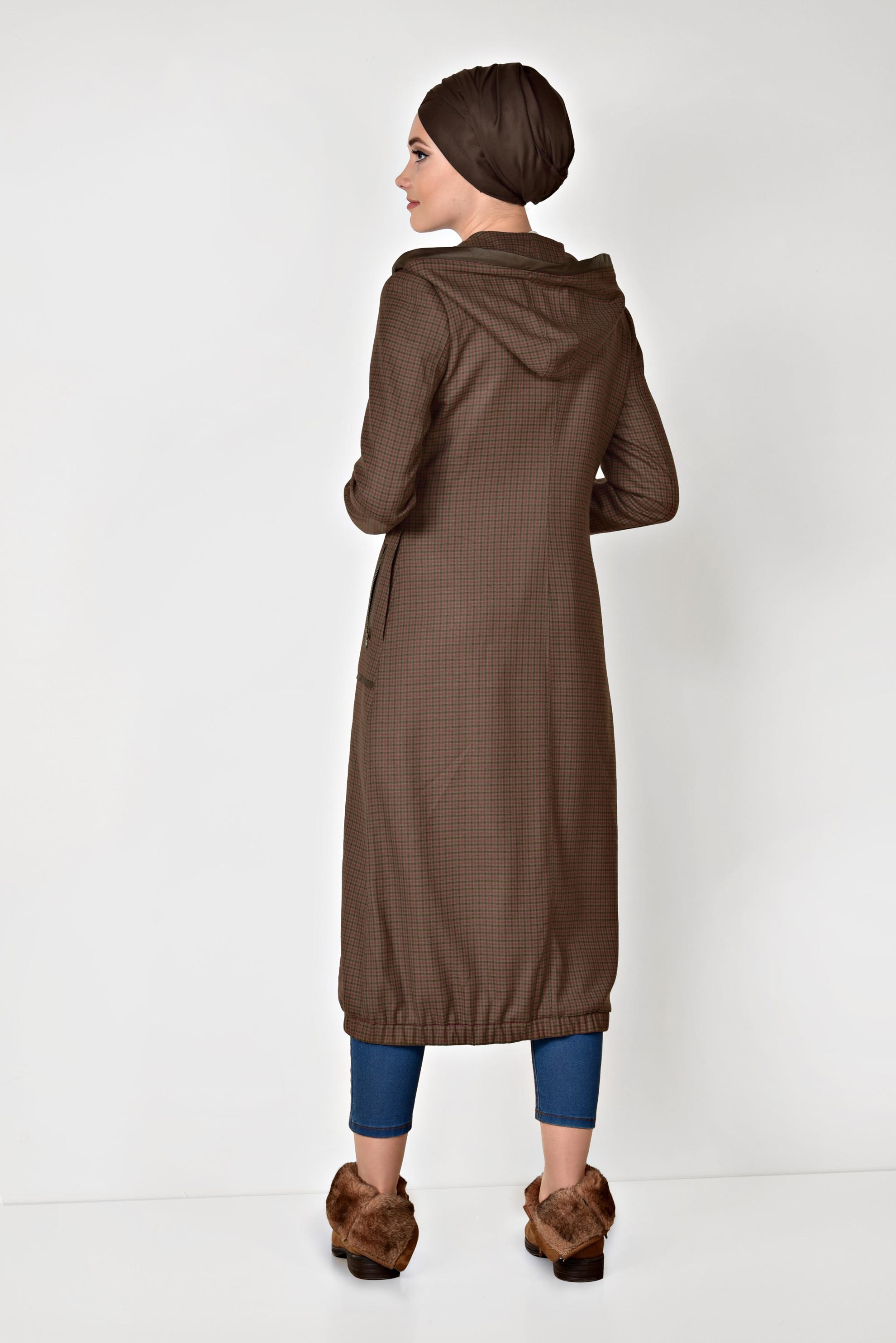 Tesettür giyim VİZON KAPÜŞONLU FERMUARLI TRENÇKOT 1915-1