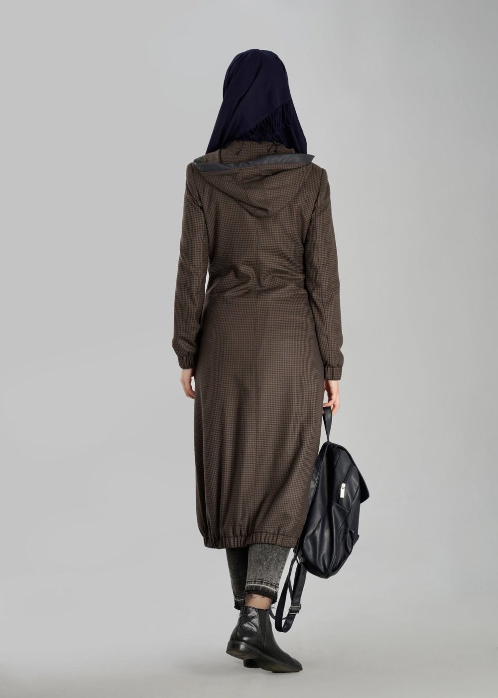 Tesettür giyim VİZON KAPÜŞONLU FERMUARLI TRENÇKOT 1915-1