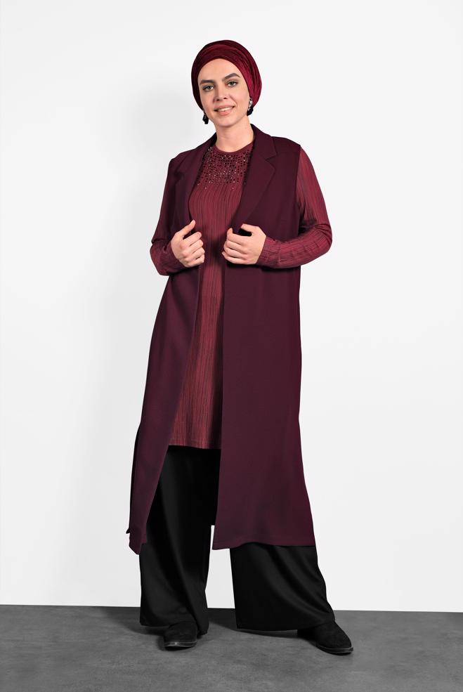 Vêtements hijab ROUGE BORDEAUX GILET À BOUTONNÉ 2641  - ALVİNA