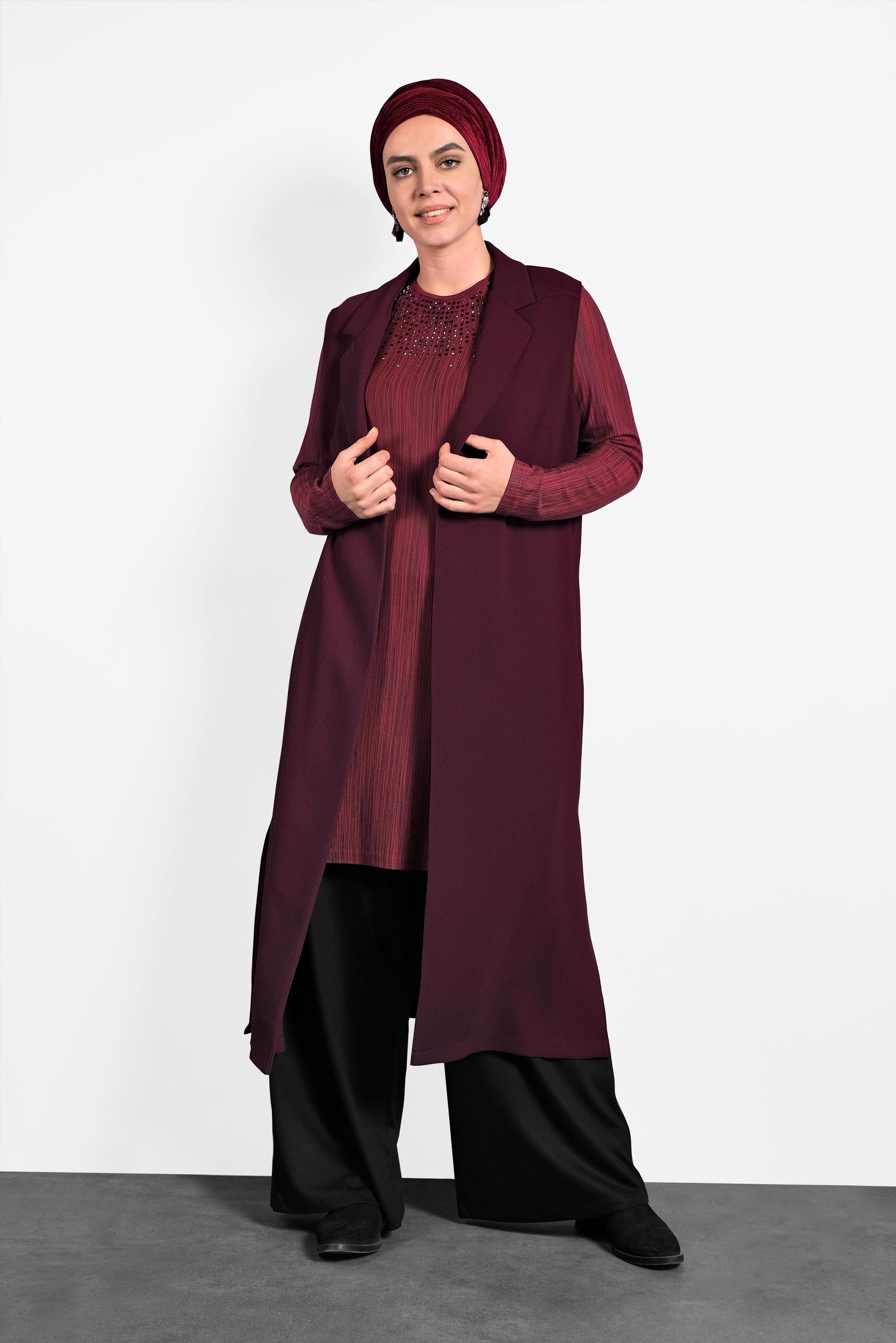 Tesettür giyim BORDO TEK DÜĞMELİ KLASİK YELEK 2641