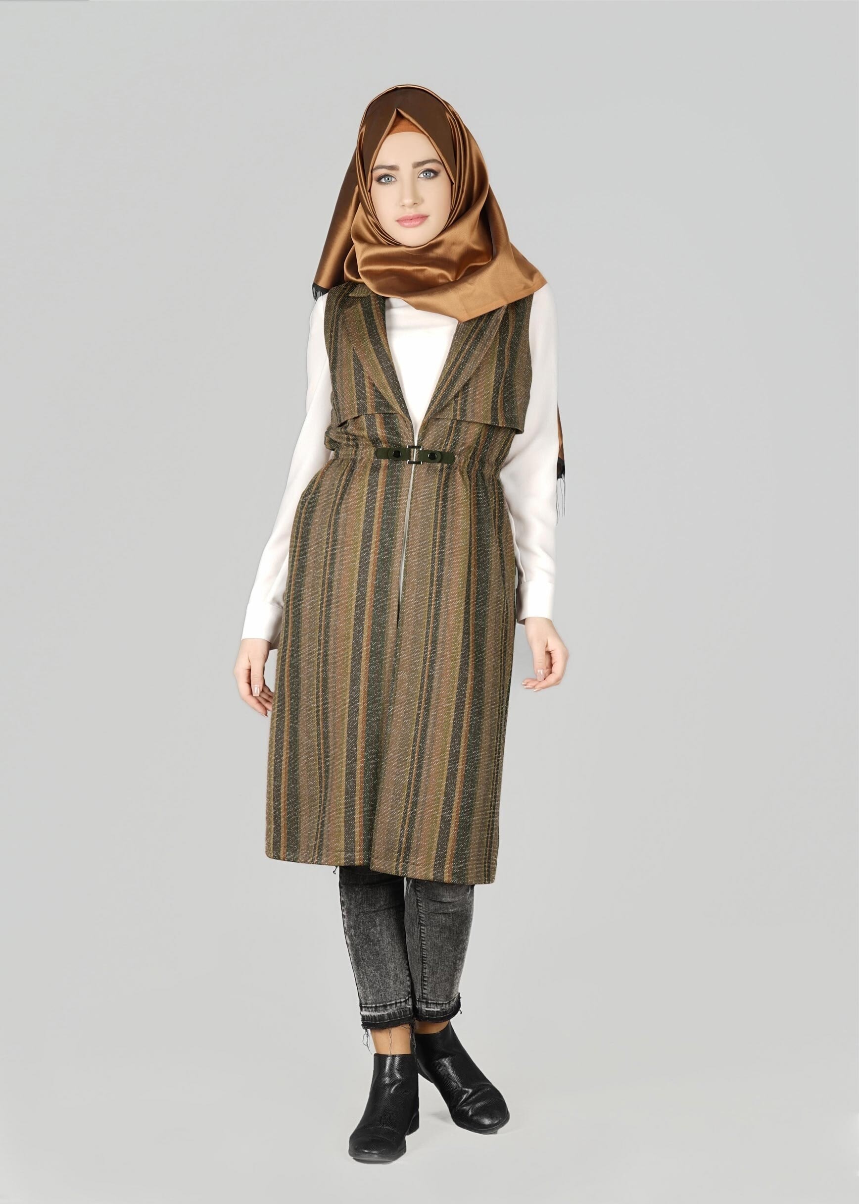 Tesettür giyim HAKİ BELİ KEMER DETAYLI YELEK 4069 