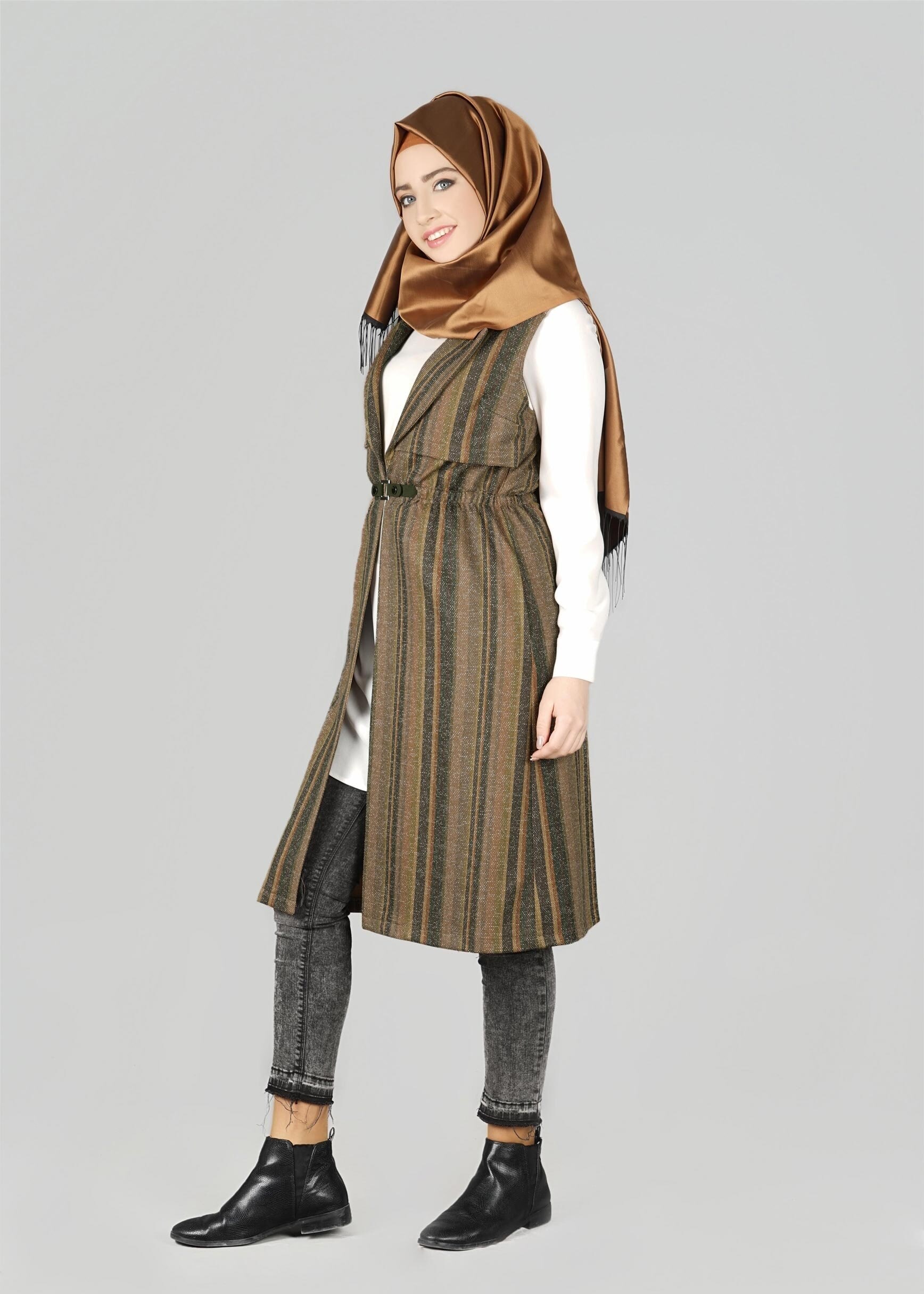 Tesettür giyim HAKİ BELİ KEMER DETAYLI YELEK 4069 