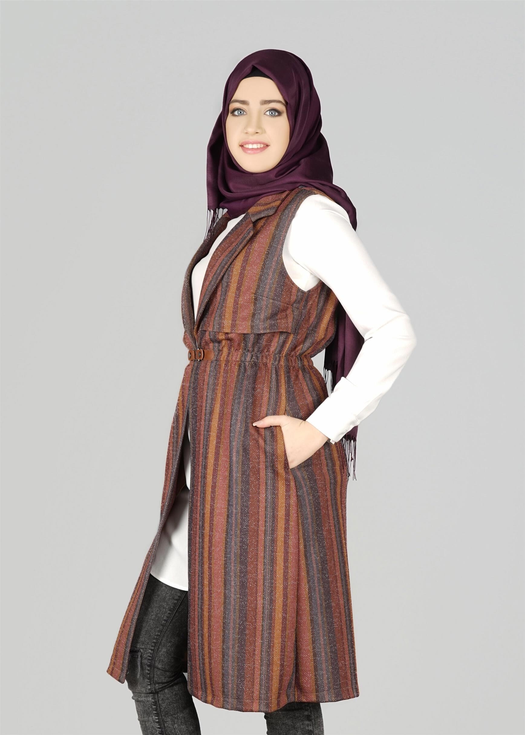 Tesettür giyim LACİVERT BELİ KEMER DETAYLI YELEK 4069 