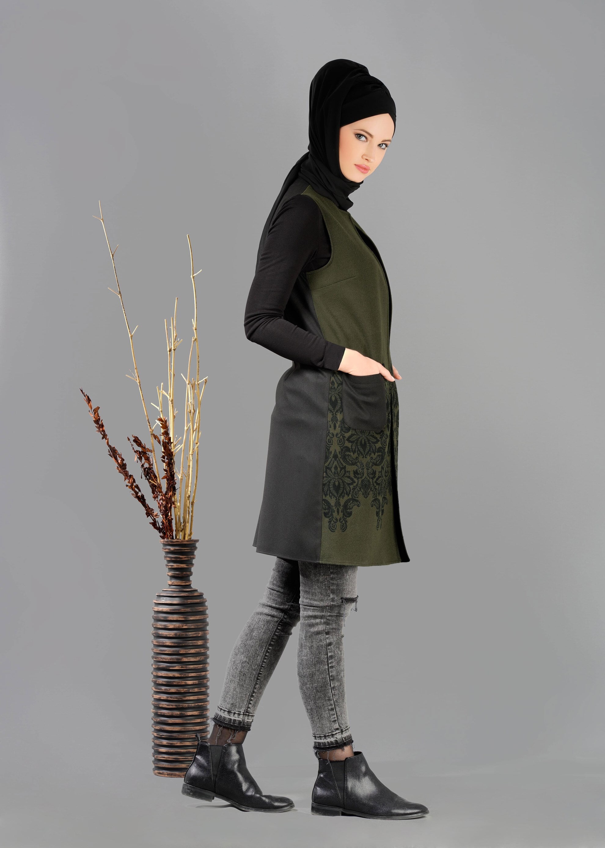 Tesettür giyim HAKİ 4786 YELEK