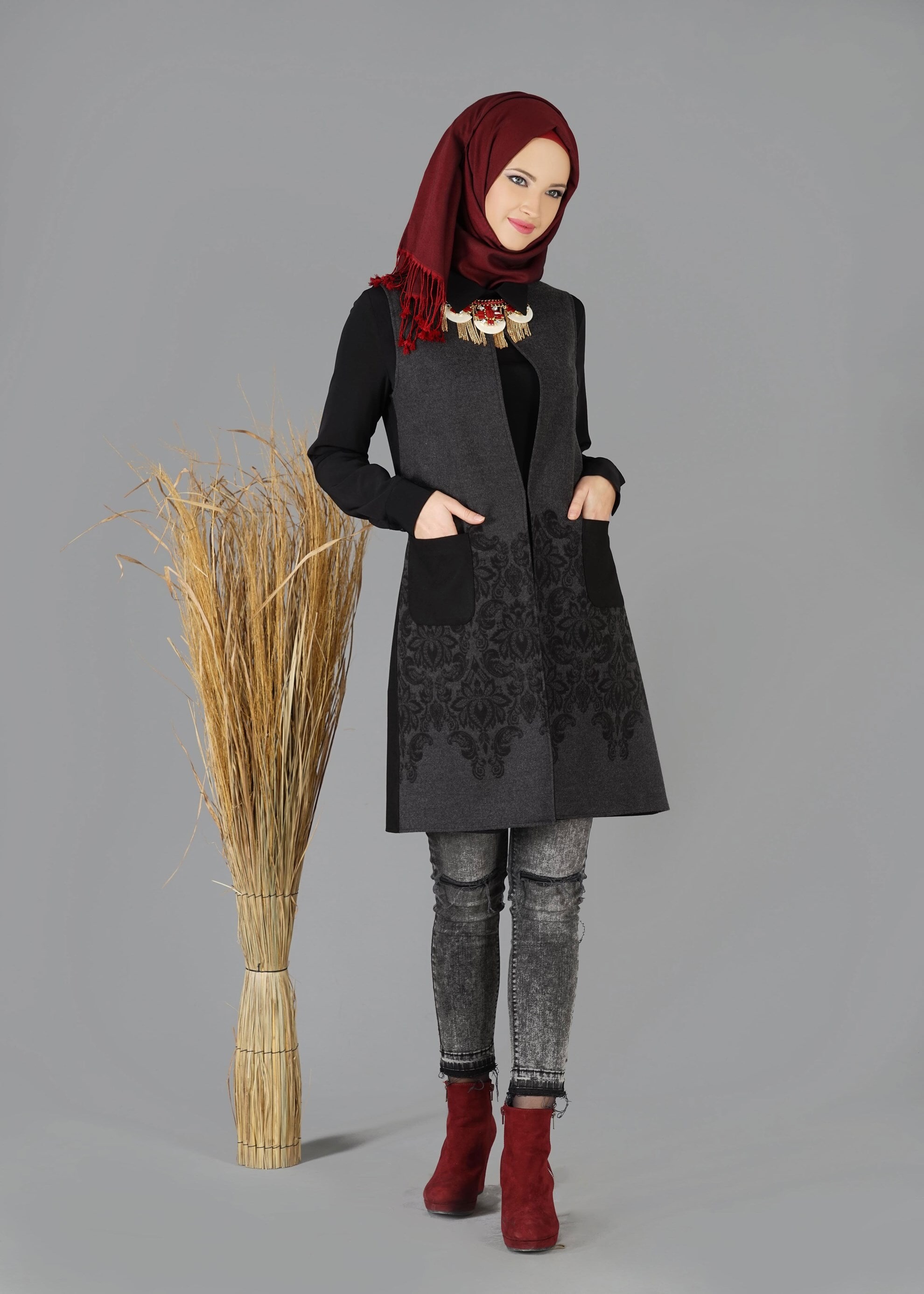 Tesettür giyim GRİ 4786 YELEK