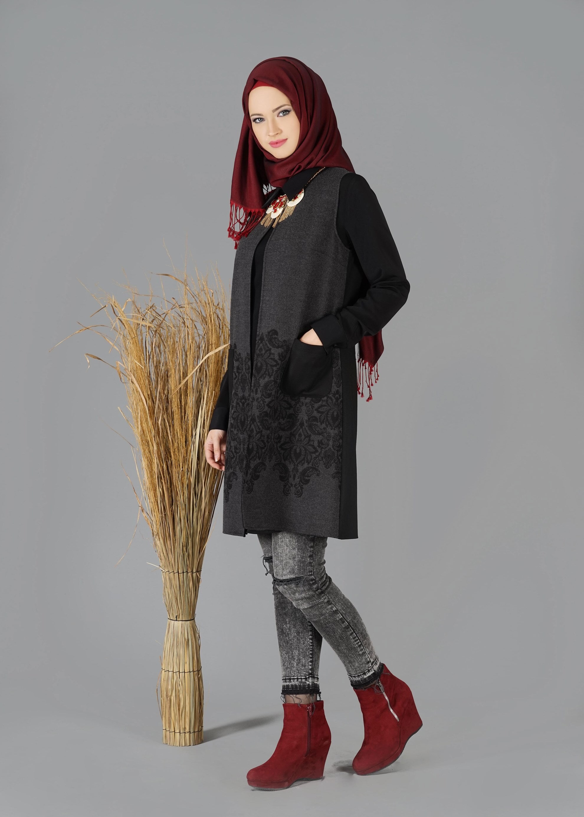 Tesettür giyim GRİ 4786 YELEK