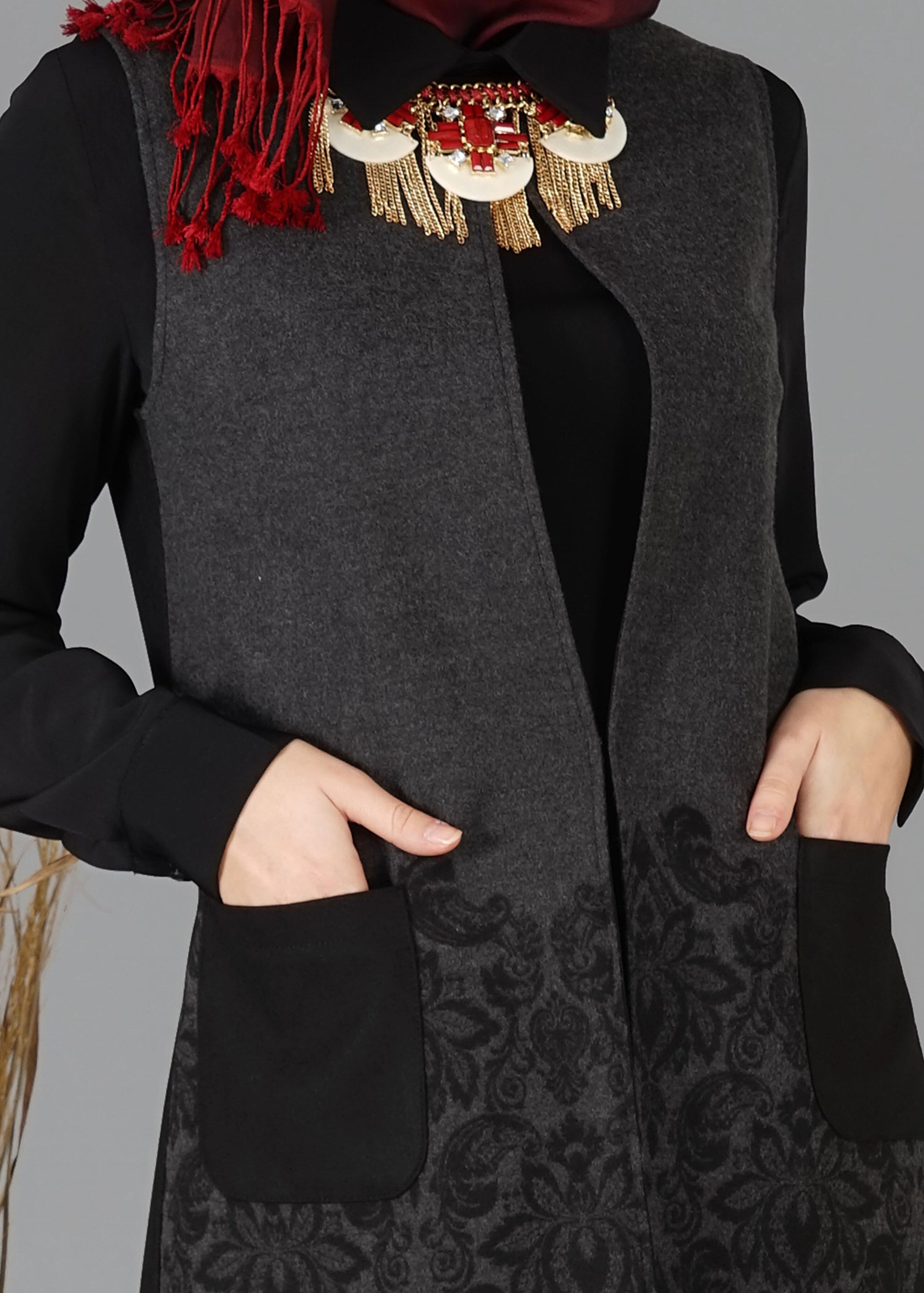 Tesettür giyim GRİ 4786 YELEK