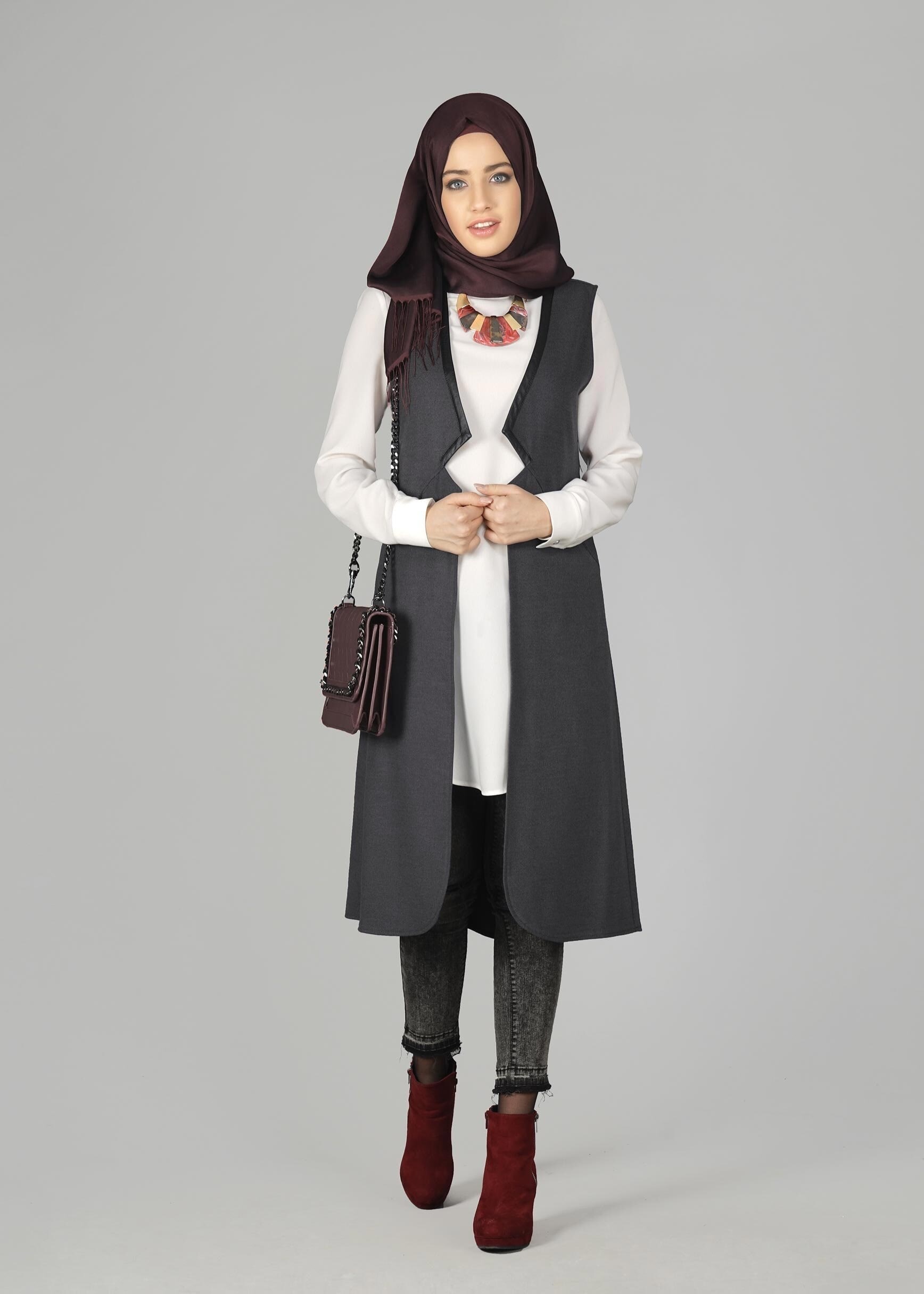 Tesettür giyim GRİ 4974 YELEK