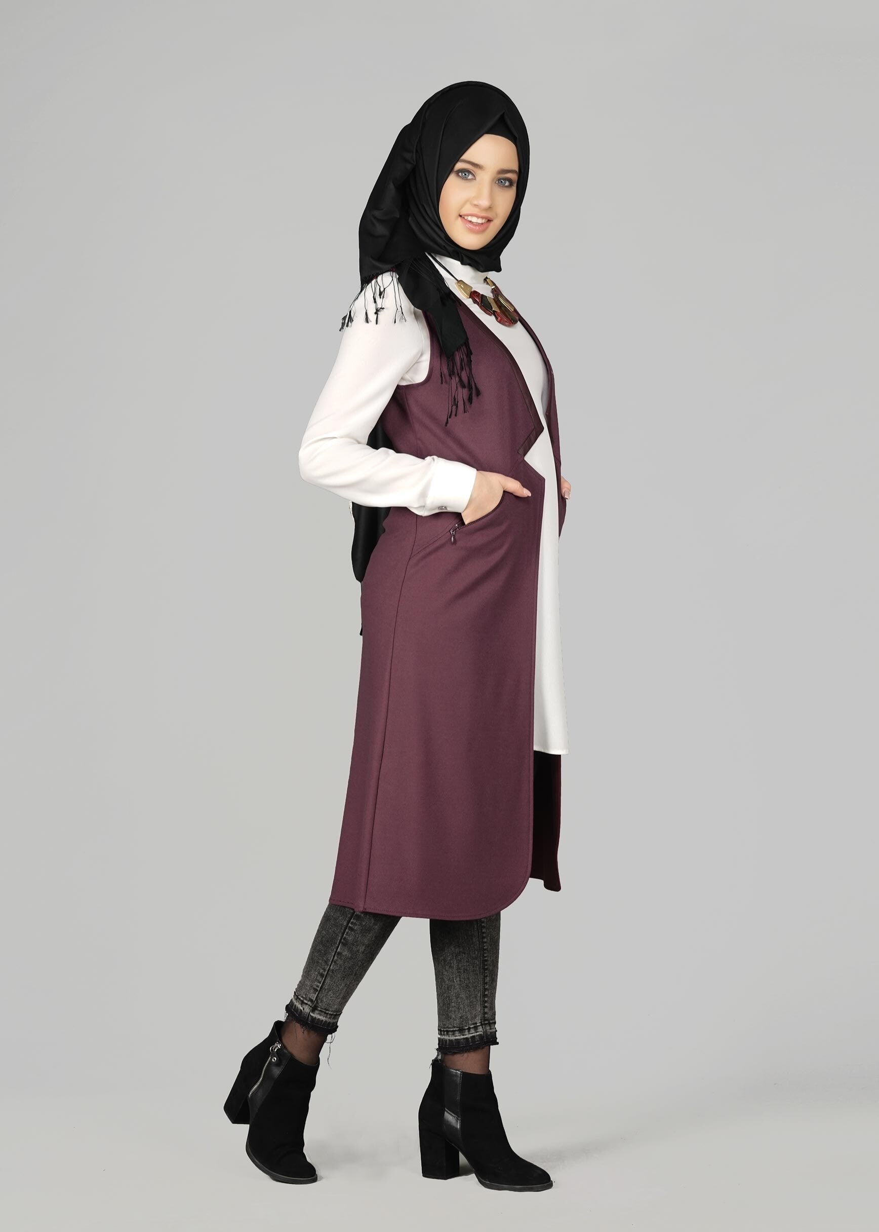 Tesettür giyim BORDO 4974 YELEK