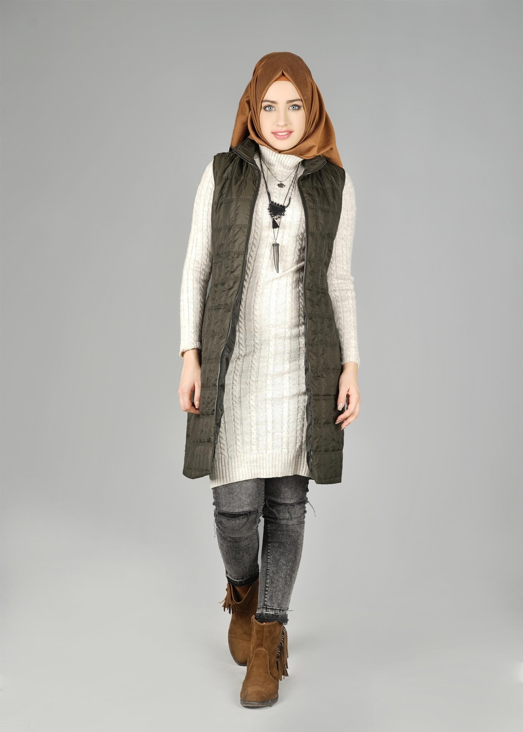 Tesettür giyim HAKİ 9428 YELEK