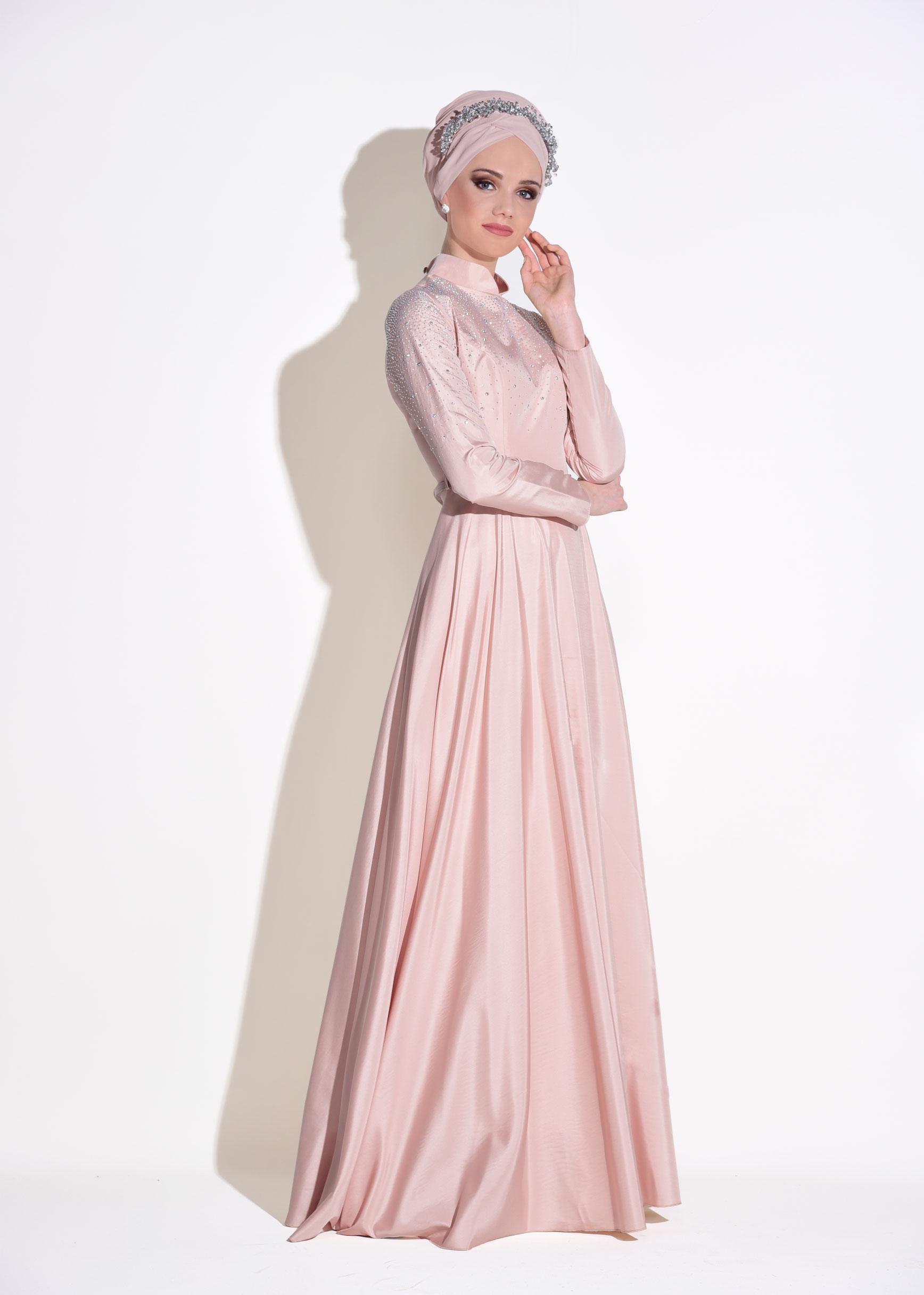 Tesettür giyim PUDRA TAŞ BASKILI KEMERLİ ABİYE ELBİSE 5302