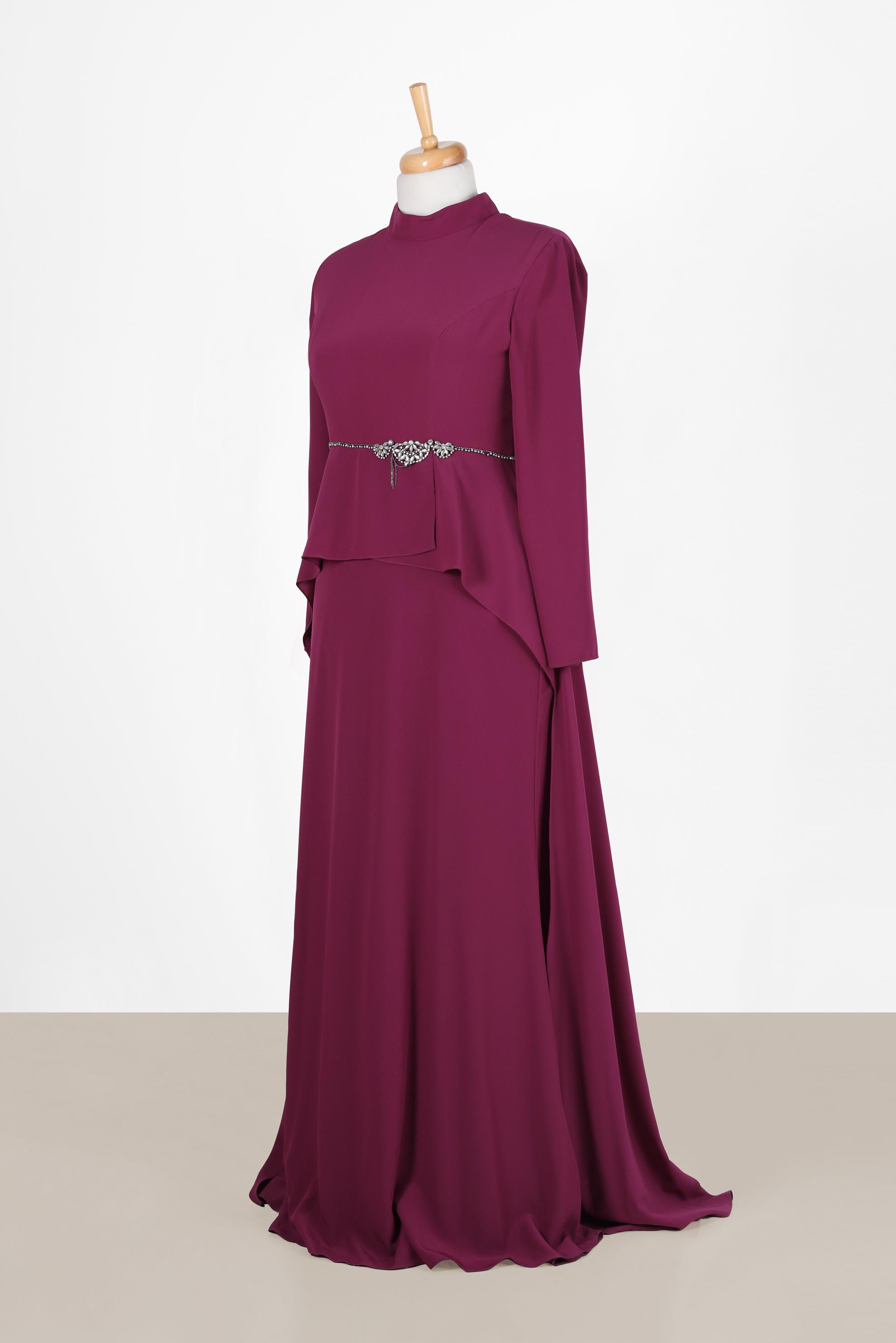 Tesettür giyim MOR BELİ TAŞ DETAYLI ABİYE 5305 