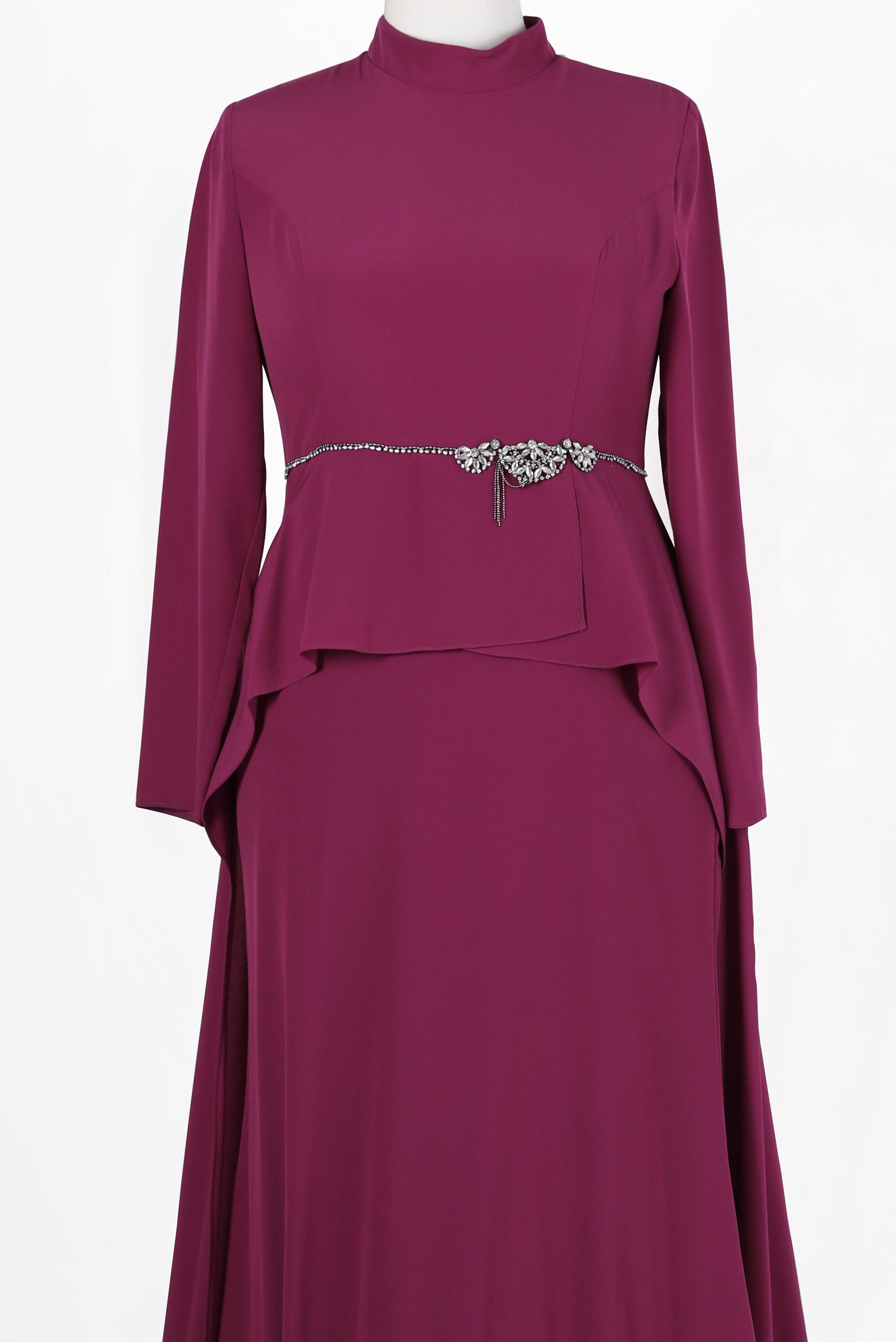 Tesettür giyim MOR BELİ TAŞ DETAYLI ABİYE 5305 