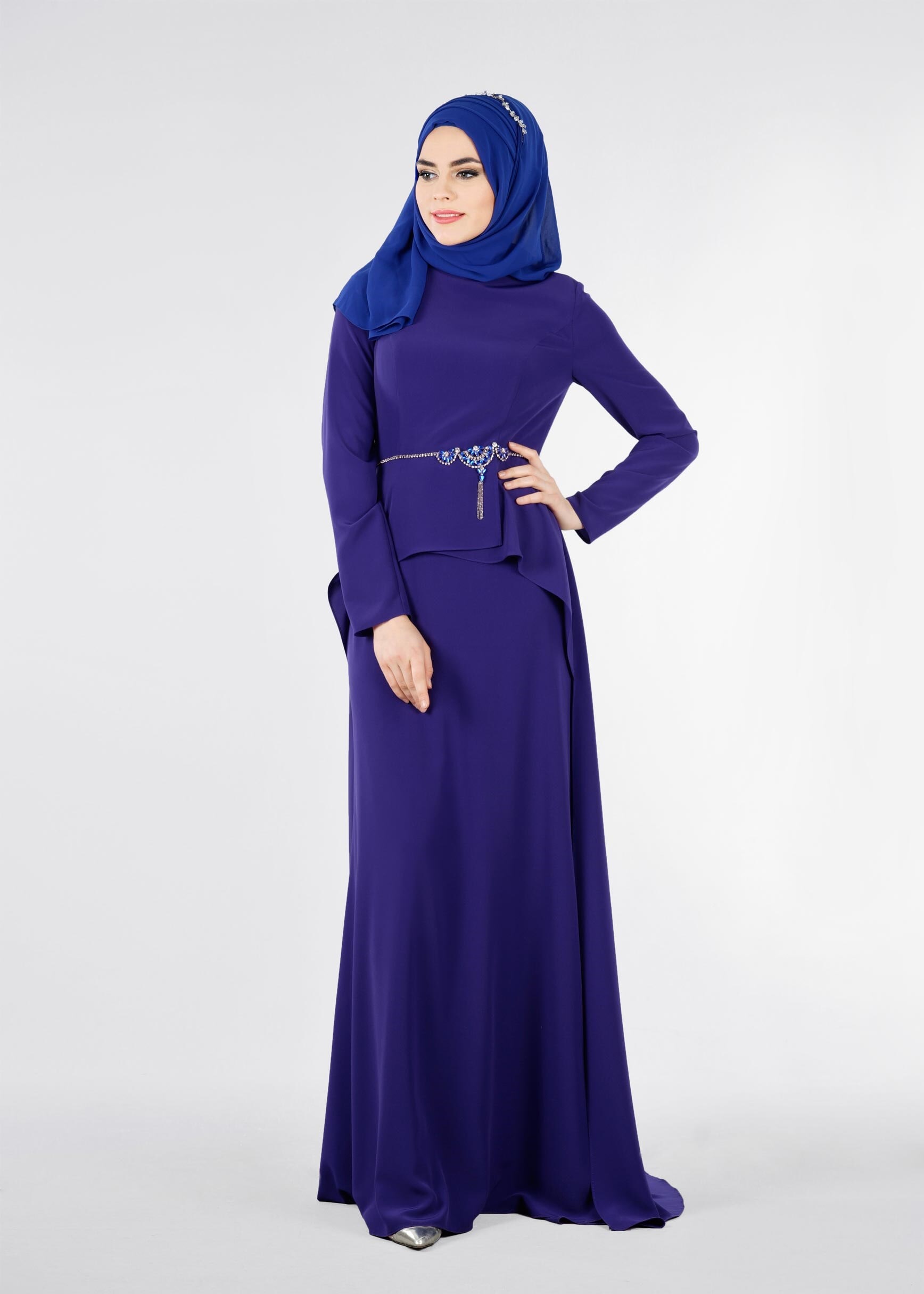 Tesettür giyim LACİVERT BELİ TAŞ DETAYLI ABİYE 5305 