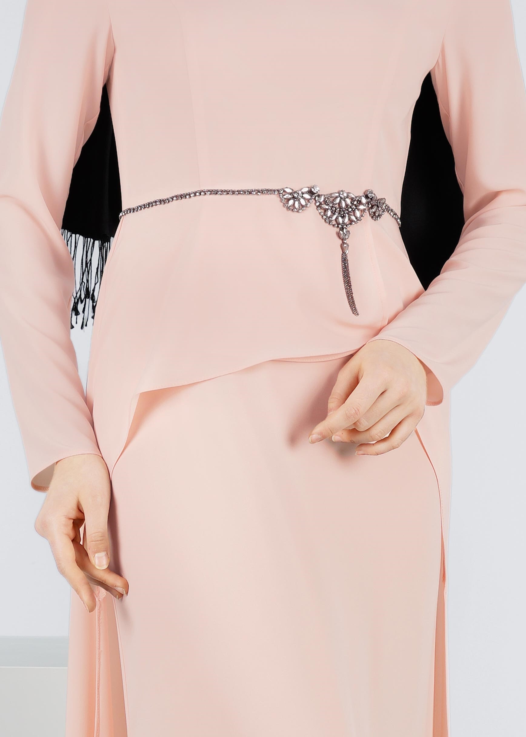 Tesettür giyim PUDRA BELİ TAŞ DETAYLI ABİYE 5305 