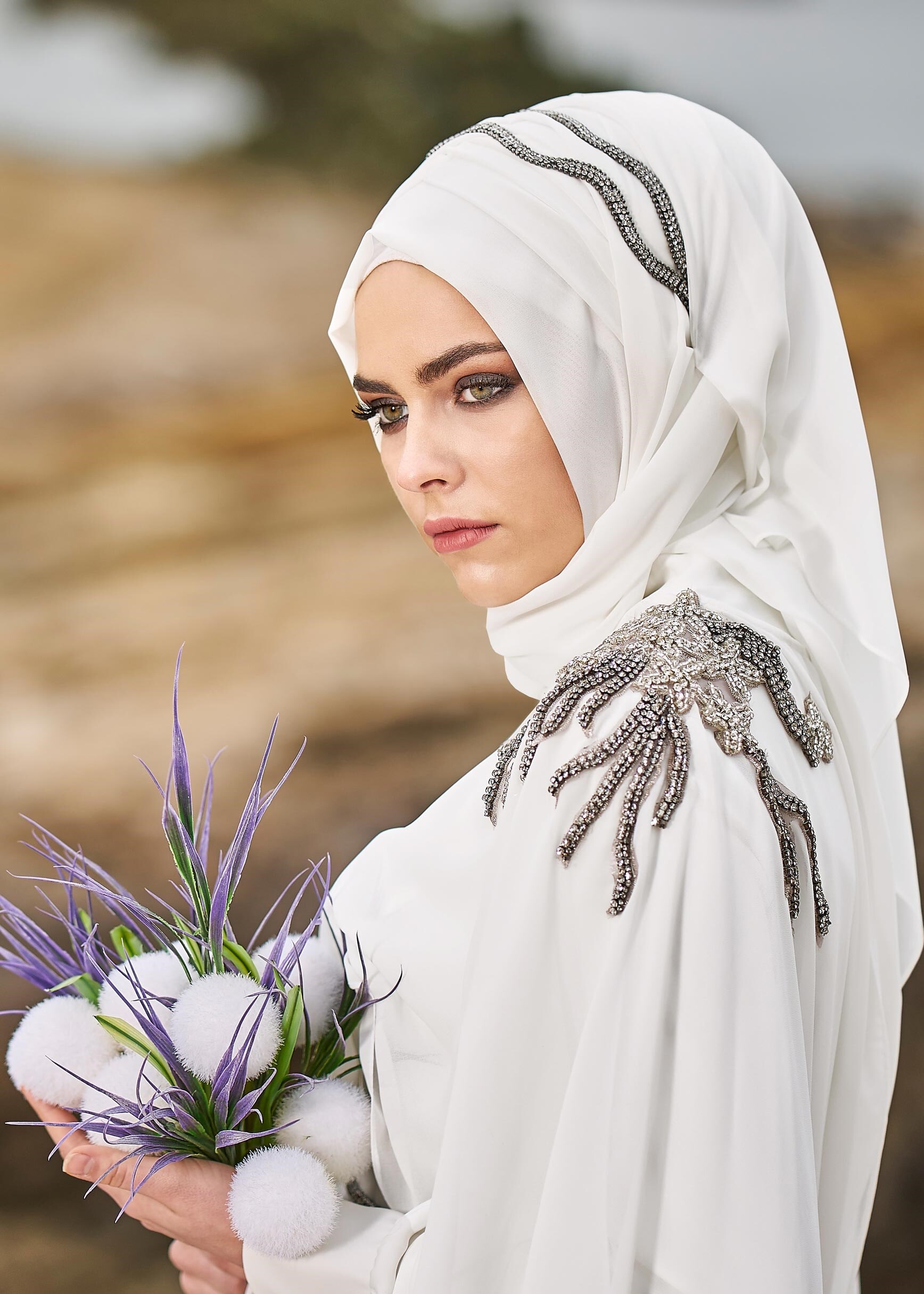 Tesettür giyim BEYAZ 5306 ASLI 5929 2&prime;Lİ ELBİSELİ ABİYE 38/42