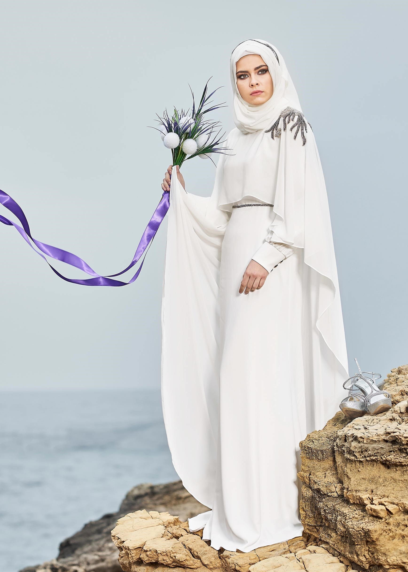 Tesettür giyim BEYAZ 5306 ASLI 5929 2&prime;Lİ ELBİSELİ ABİYE 38/42