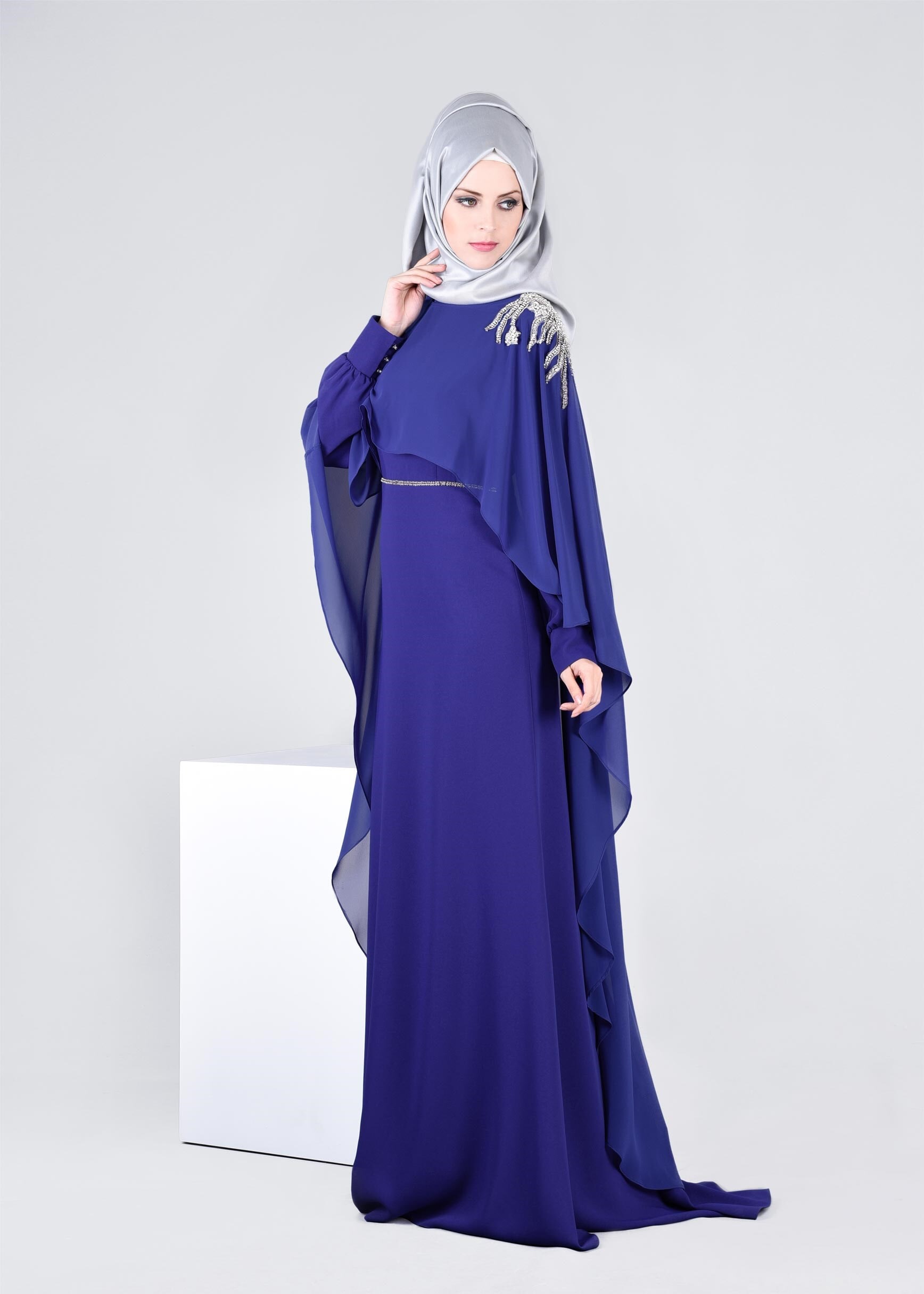Tesettür giyim MAVİ 5306 ASLI 5929 2&prime;Lİ ELBİSELİ ABİYE 38/42