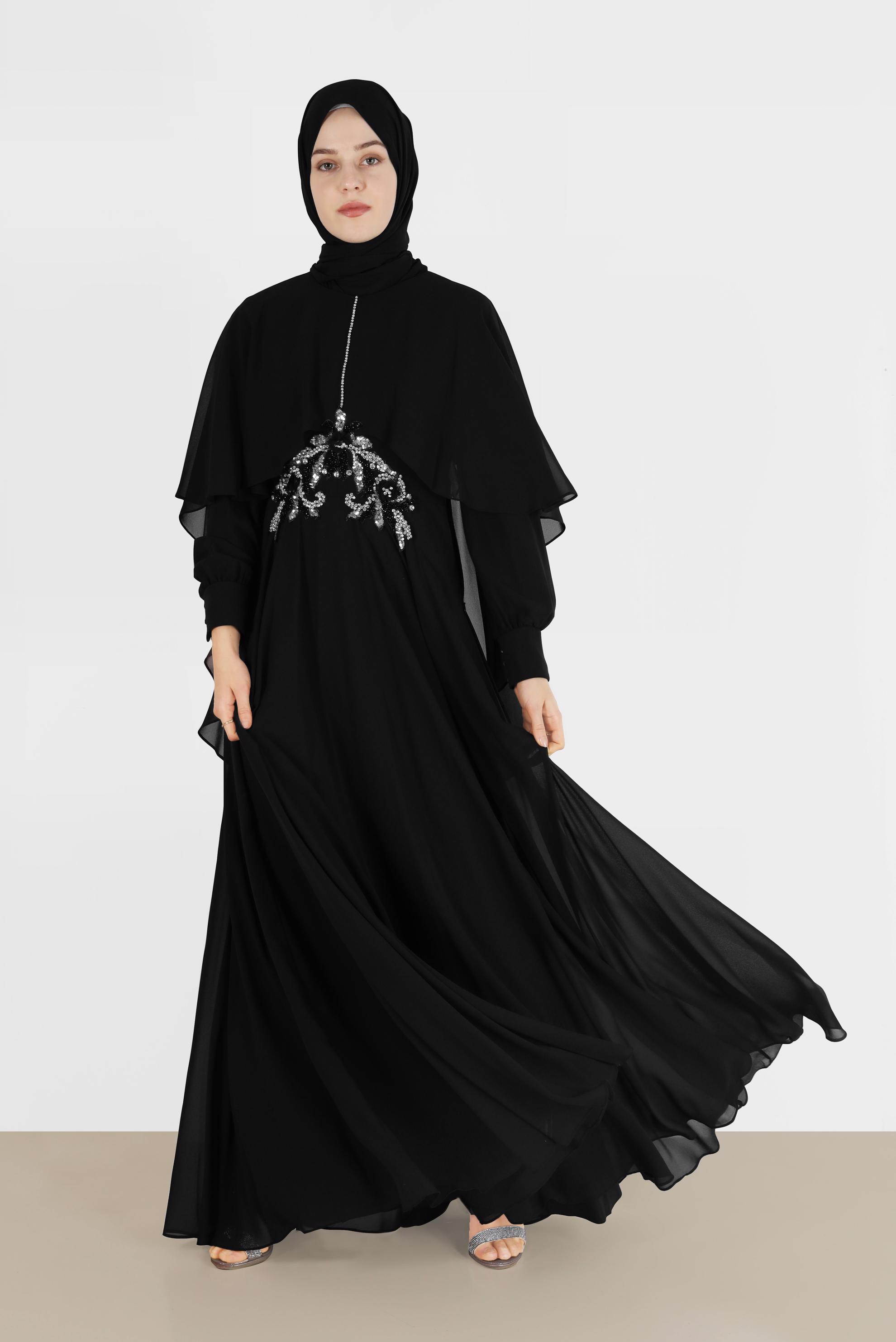 Tesettür giyim SİYAH TAŞLI İŞLEME DETAYLI ŞİFON ABİYE 5309 