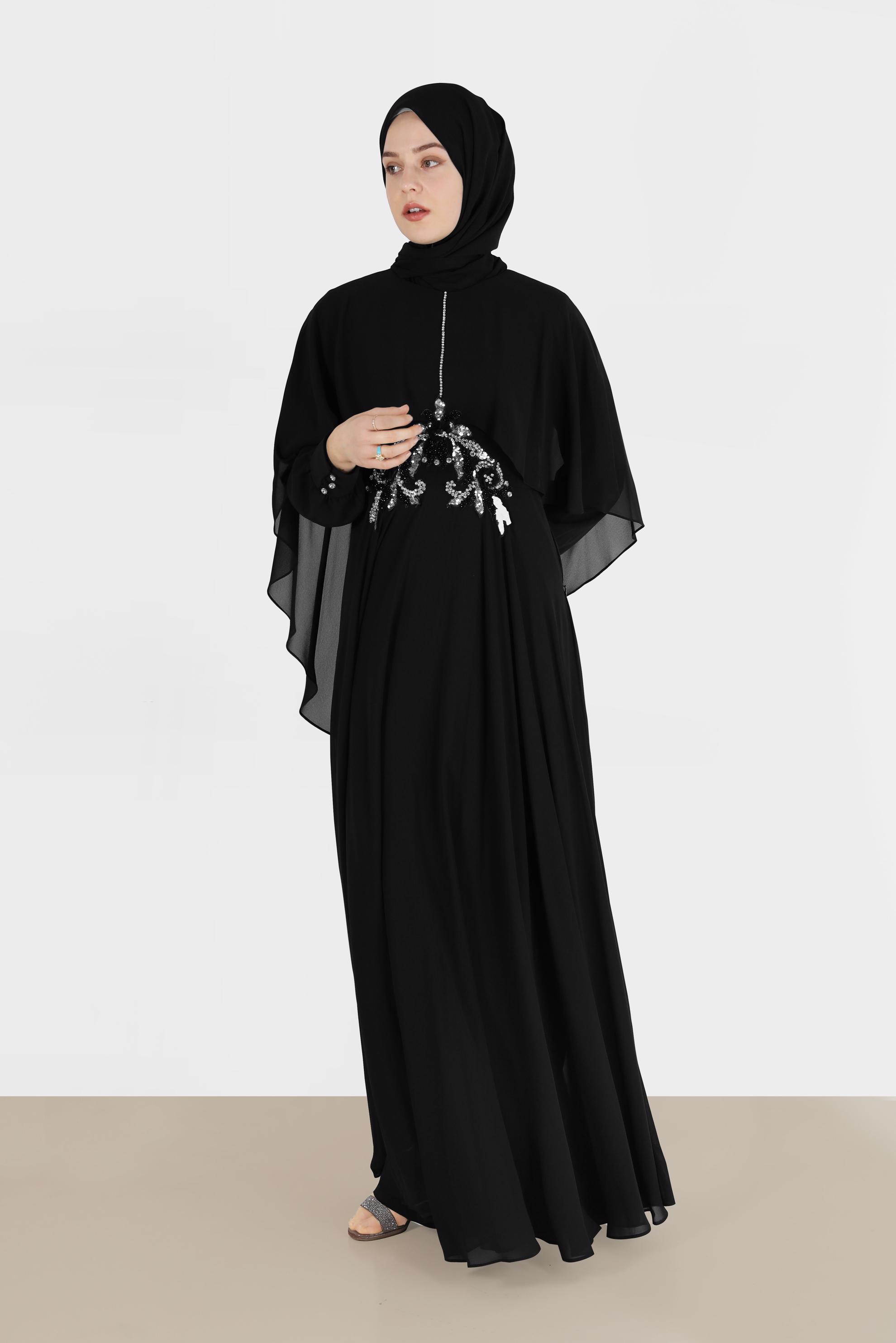Tesettür giyim SİYAH TAŞLI İŞLEME DETAYLI ŞİFON ABİYE 5309 
