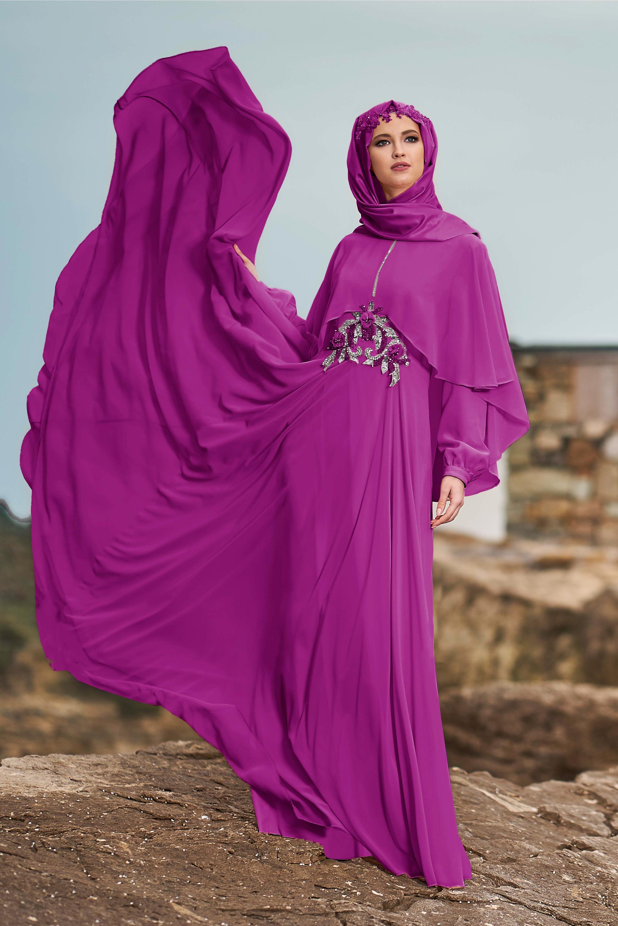 Tesettür giyim MOR TAŞLI İŞLEME DETAYLI ŞİFON ABİYE 5309 
