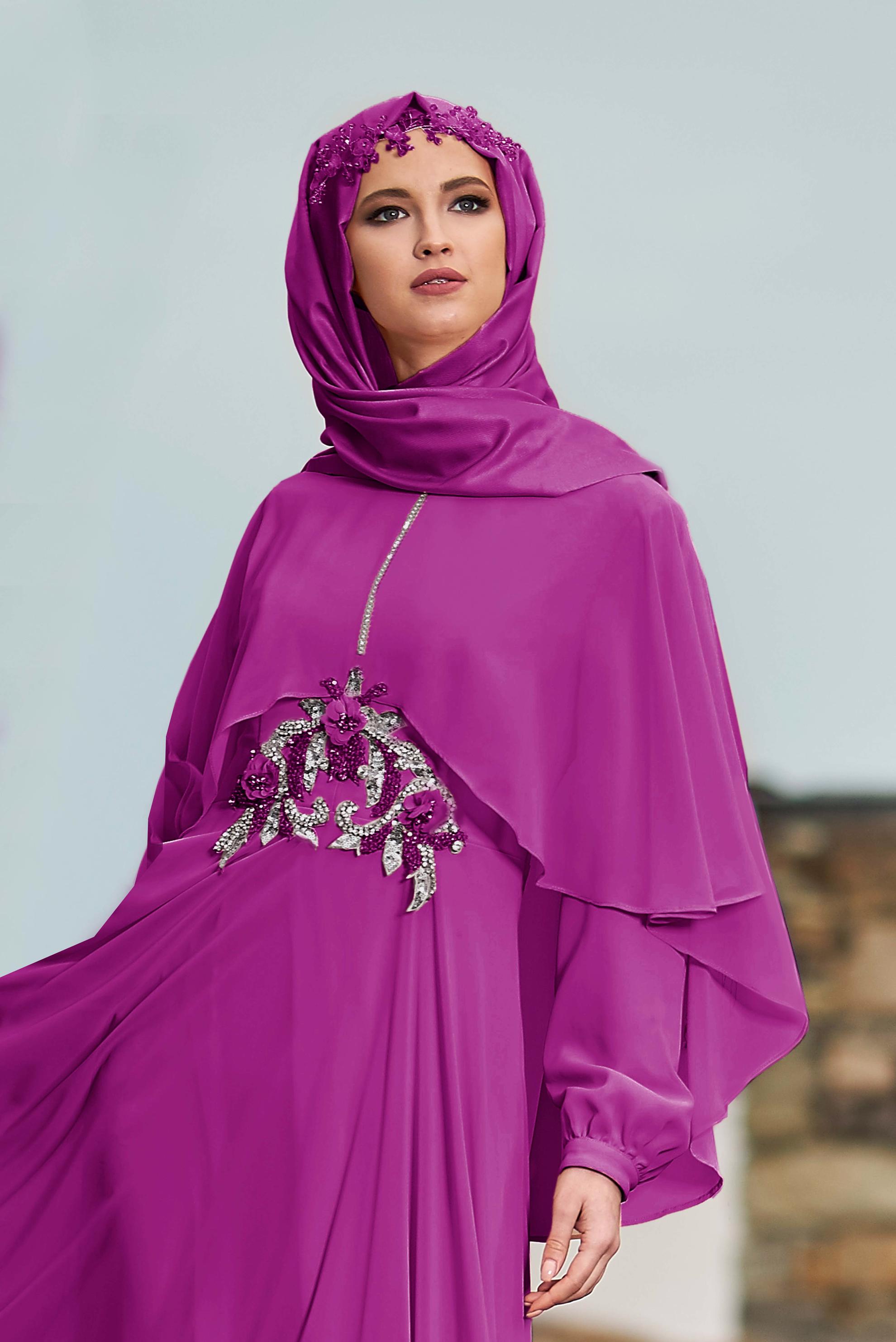 Tesettür giyim MOR TAŞLI İŞLEME DETAYLI ŞİFON ABİYE 5309 