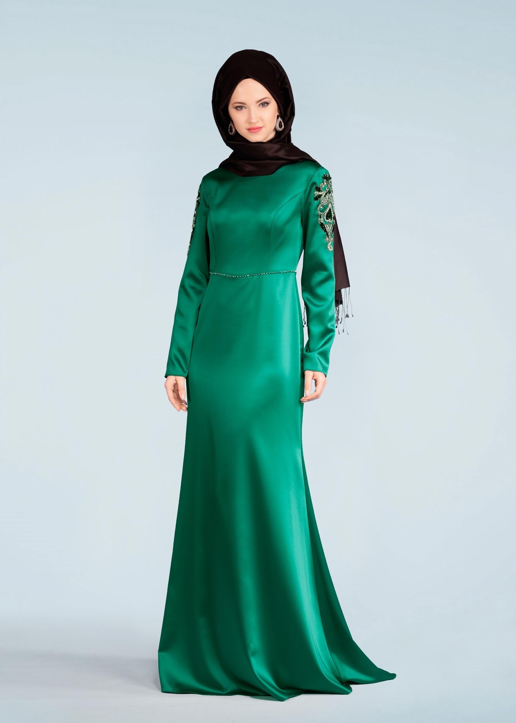 Tesettür giyim YEŞİL TAŞ İŞLEMELİ ABİYE ELBİSE 5311