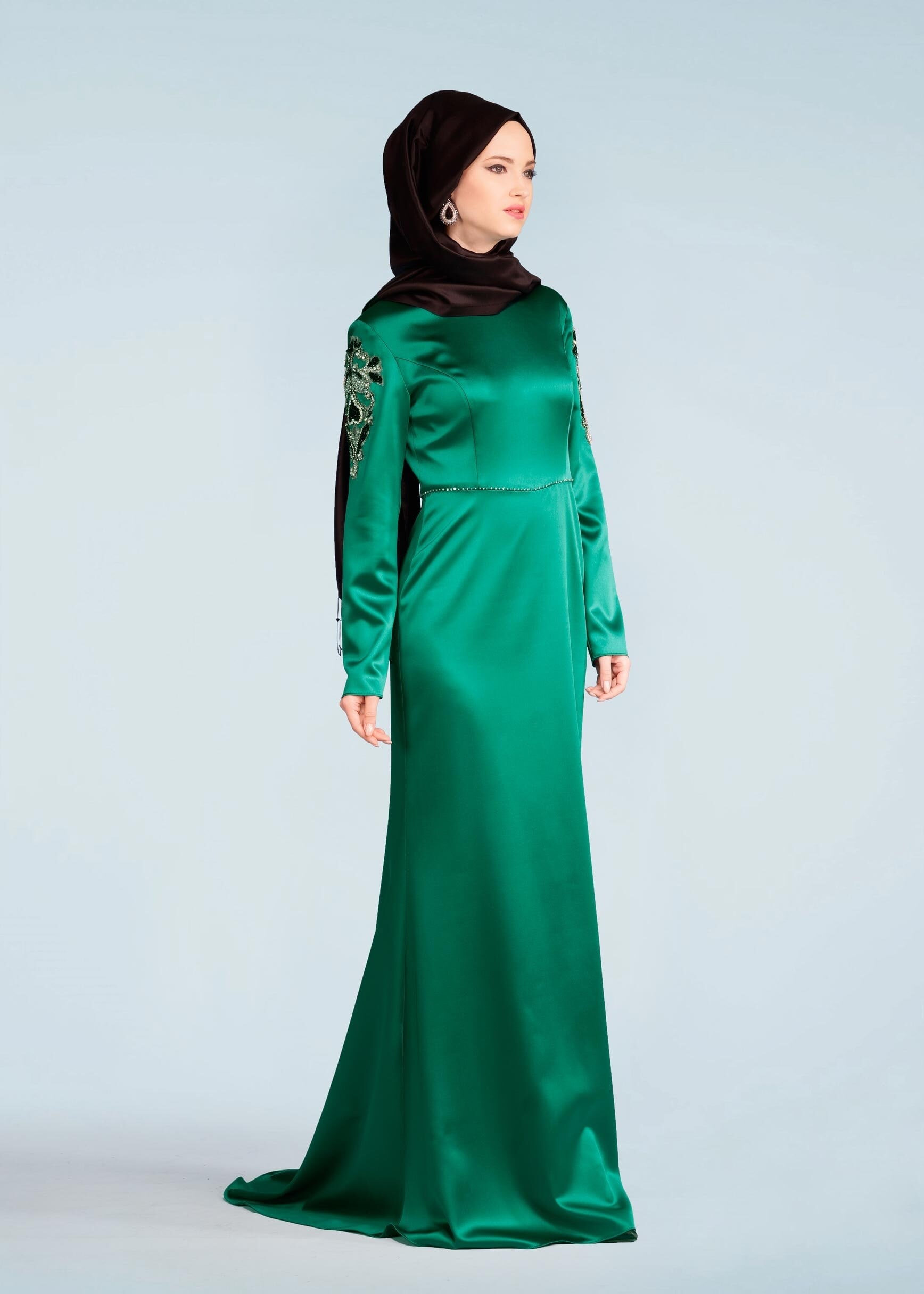 Tesettür giyim YEŞİL TAŞ İŞLEMELİ ABİYE ELBİSE 5311