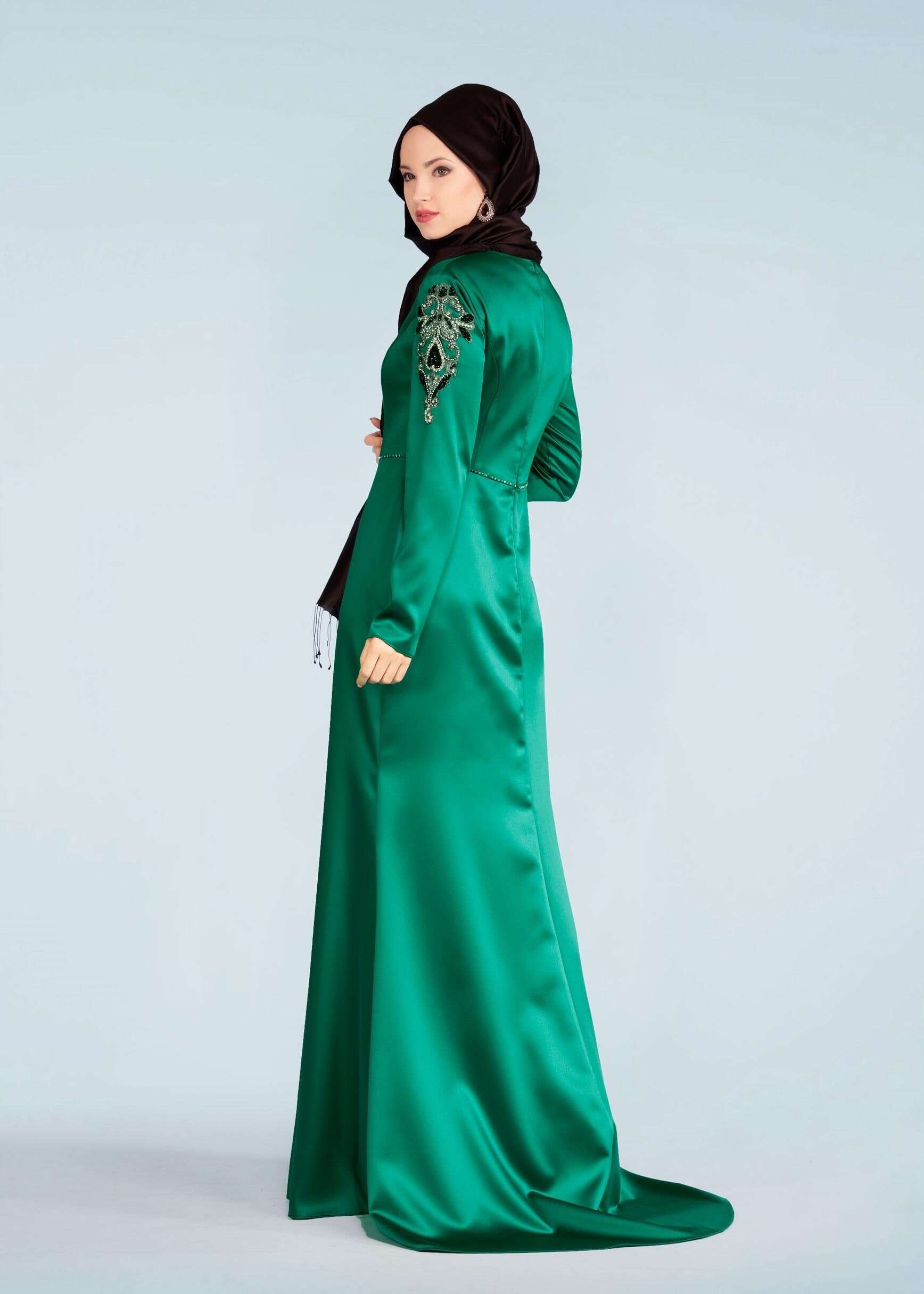 Tesettür giyim YEŞİL TAŞ İŞLEMELİ ABİYE ELBİSE 5311