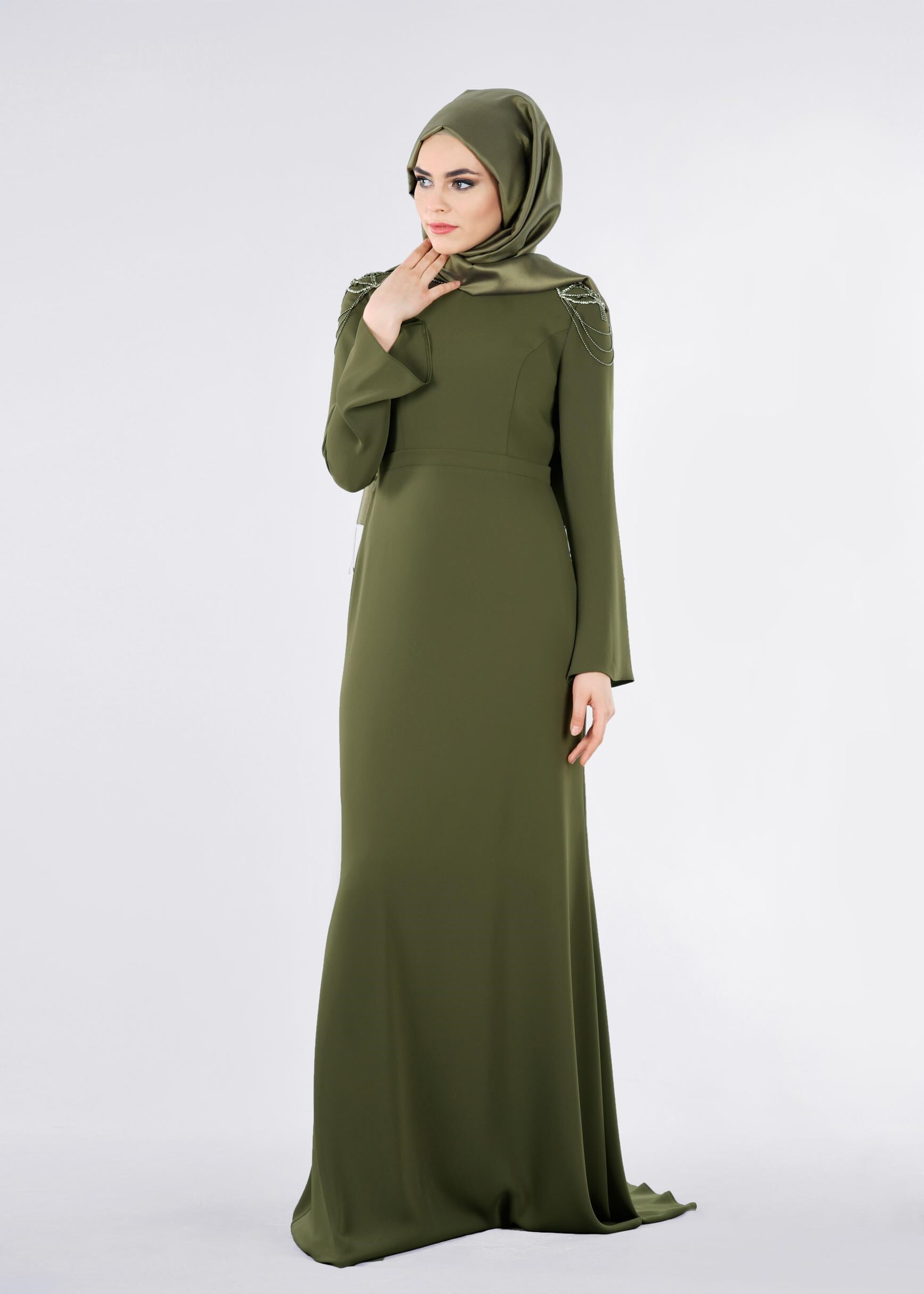 Tesettür giyim HAKİ TAŞ BASKILI BALIK ABİYE ELBİSE 5316