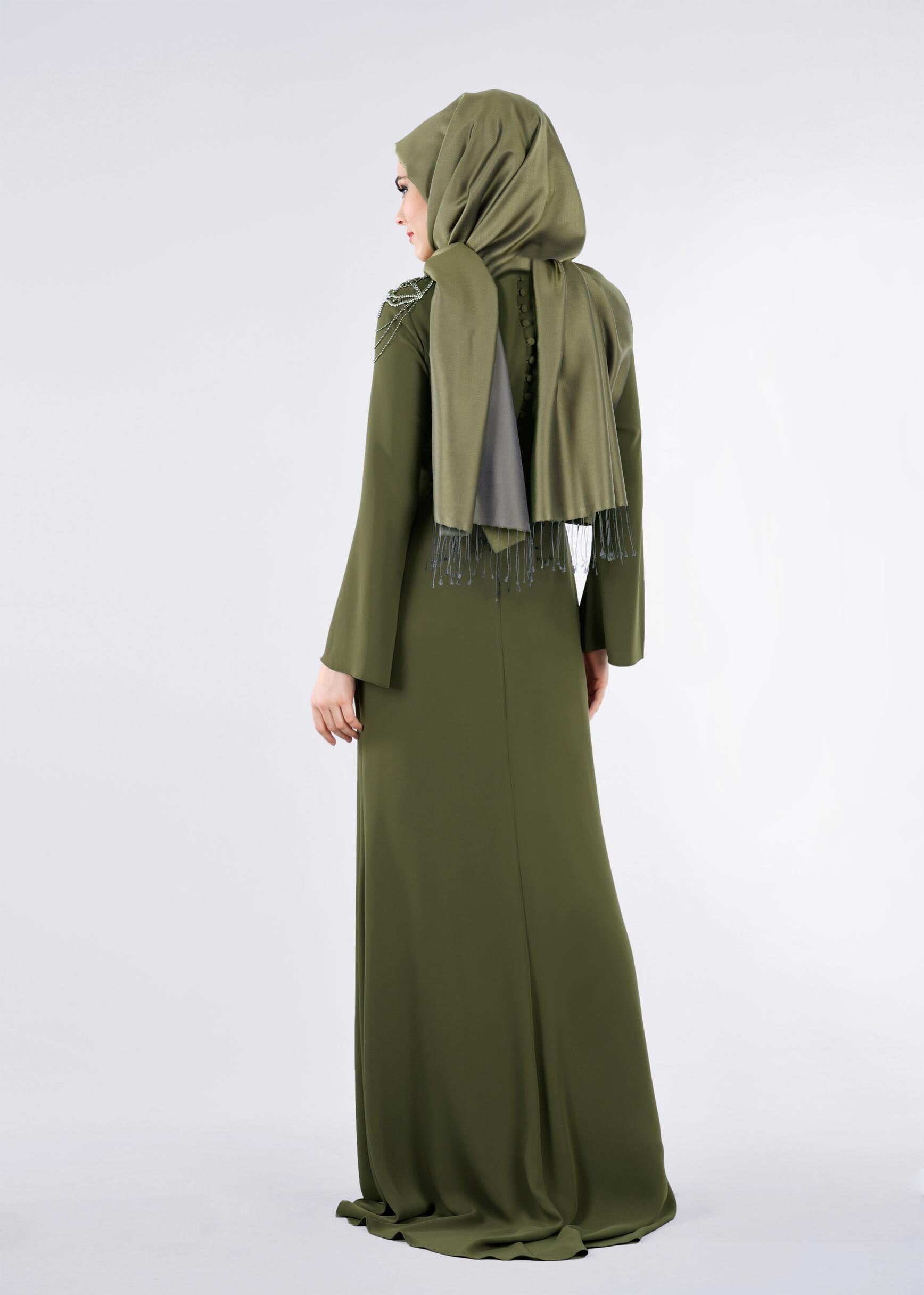 Tesettür giyim HAKİ TAŞ BASKILI BALIK ABİYE ELBİSE 5316