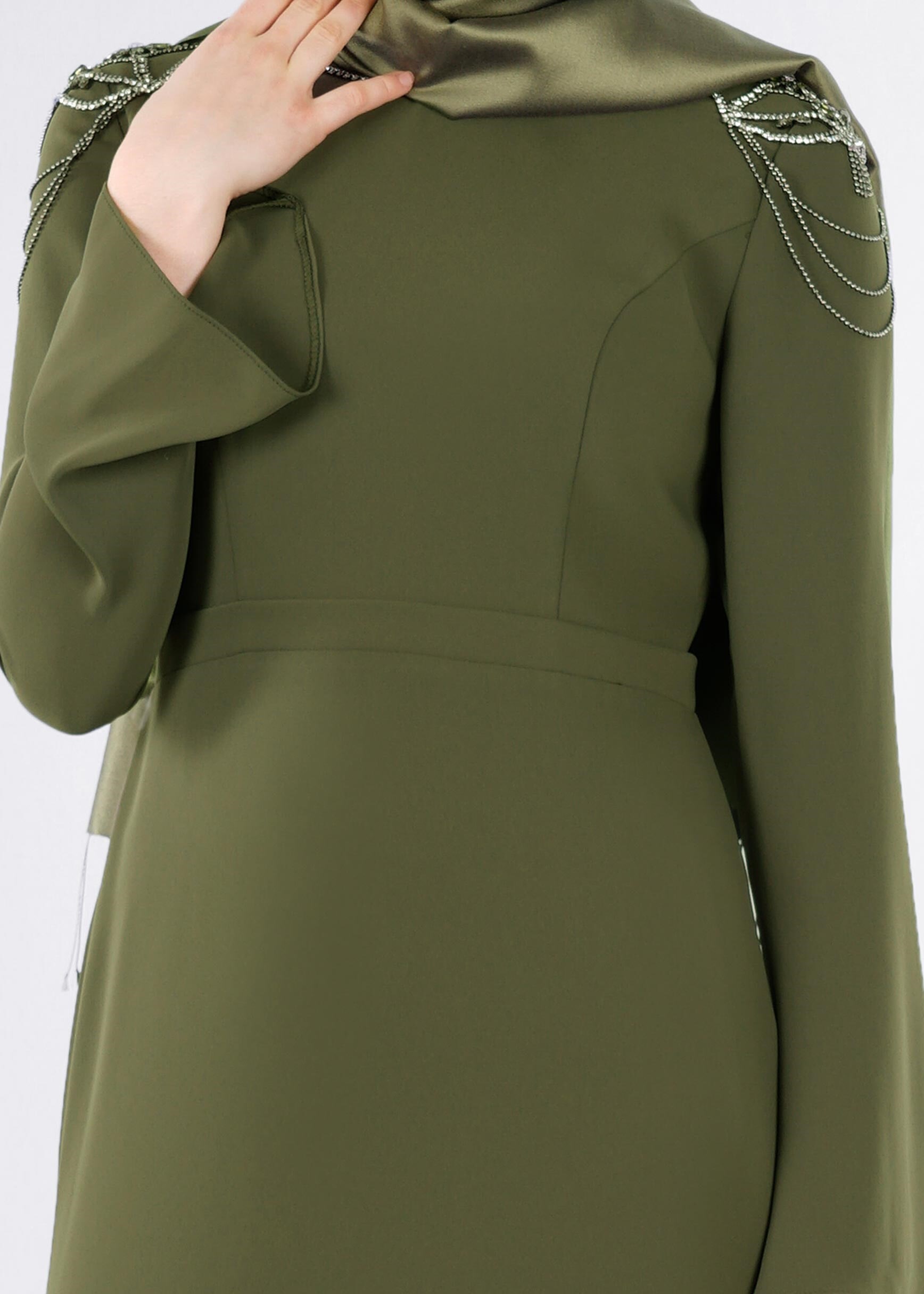 Tesettür giyim HAKİ TAŞ BASKILI BALIK ABİYE ELBİSE 5316