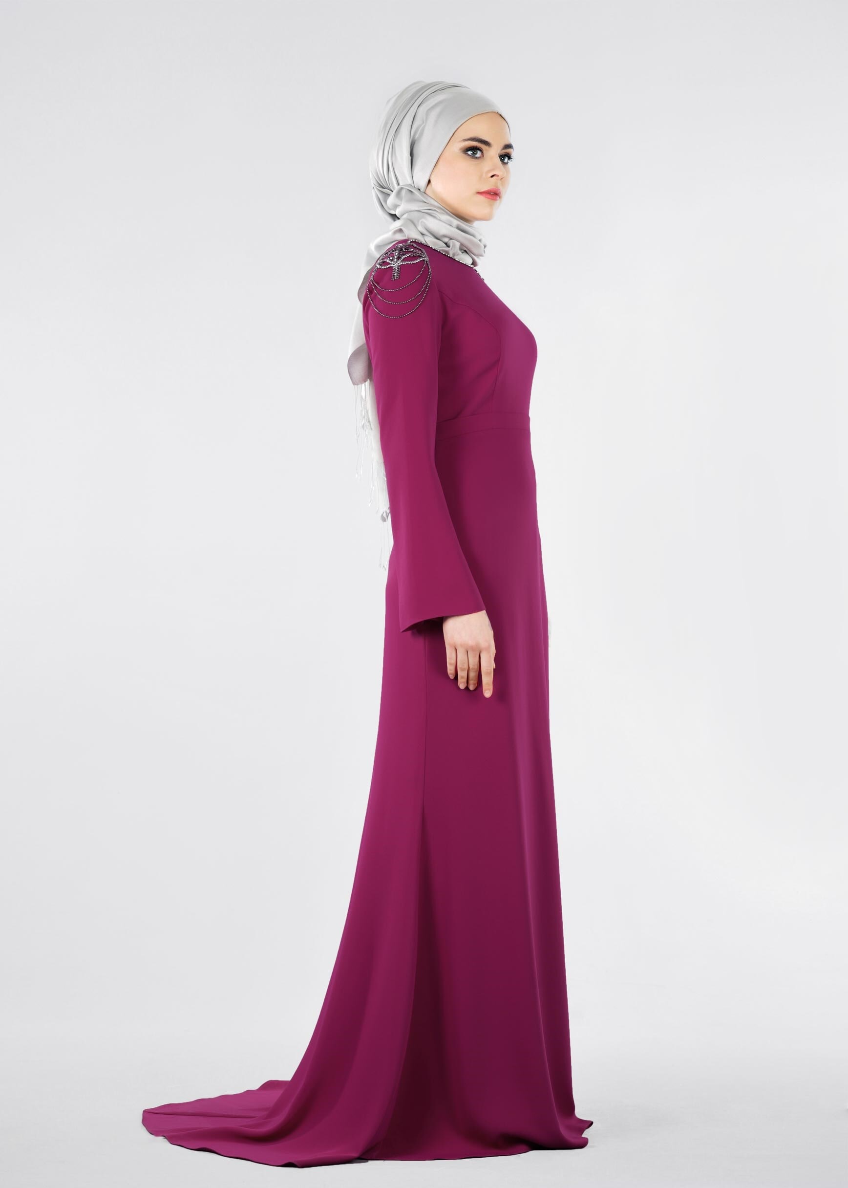 Tesettür giyim FUŞYA TAŞ BASKILI BALIK ABİYE ELBİSE 5316