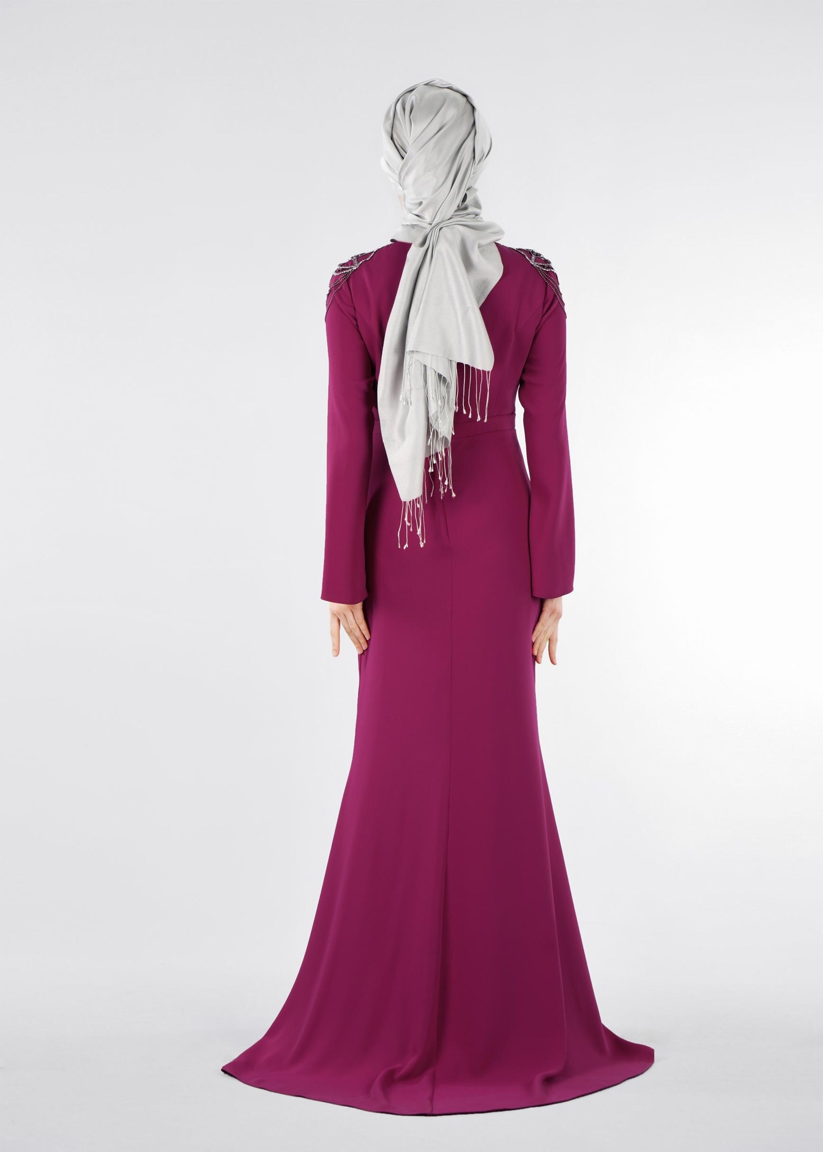 Tesettür giyim FUŞYA TAŞ BASKILI BALIK ABİYE ELBİSE 5316