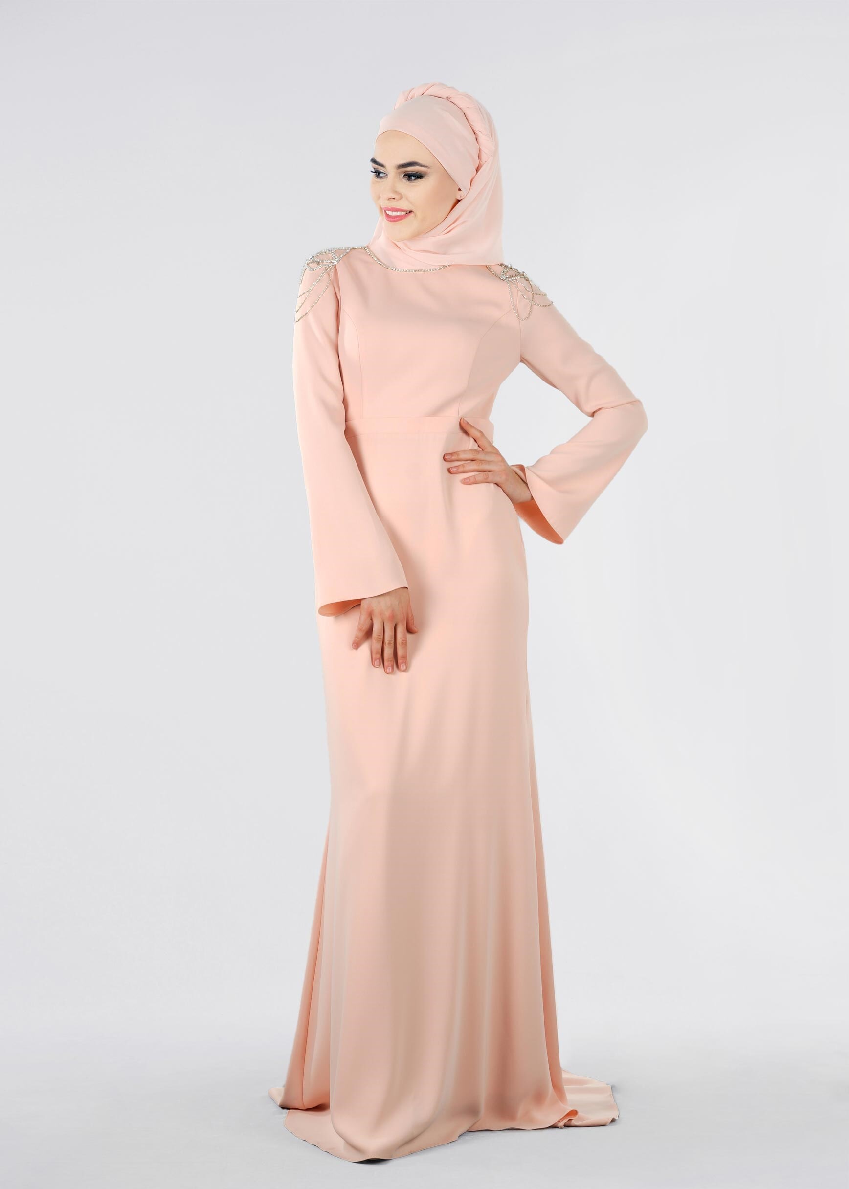 Tesettür giyim PUDRA TAŞ BASKILI BALIK ABİYE ELBİSE 5316