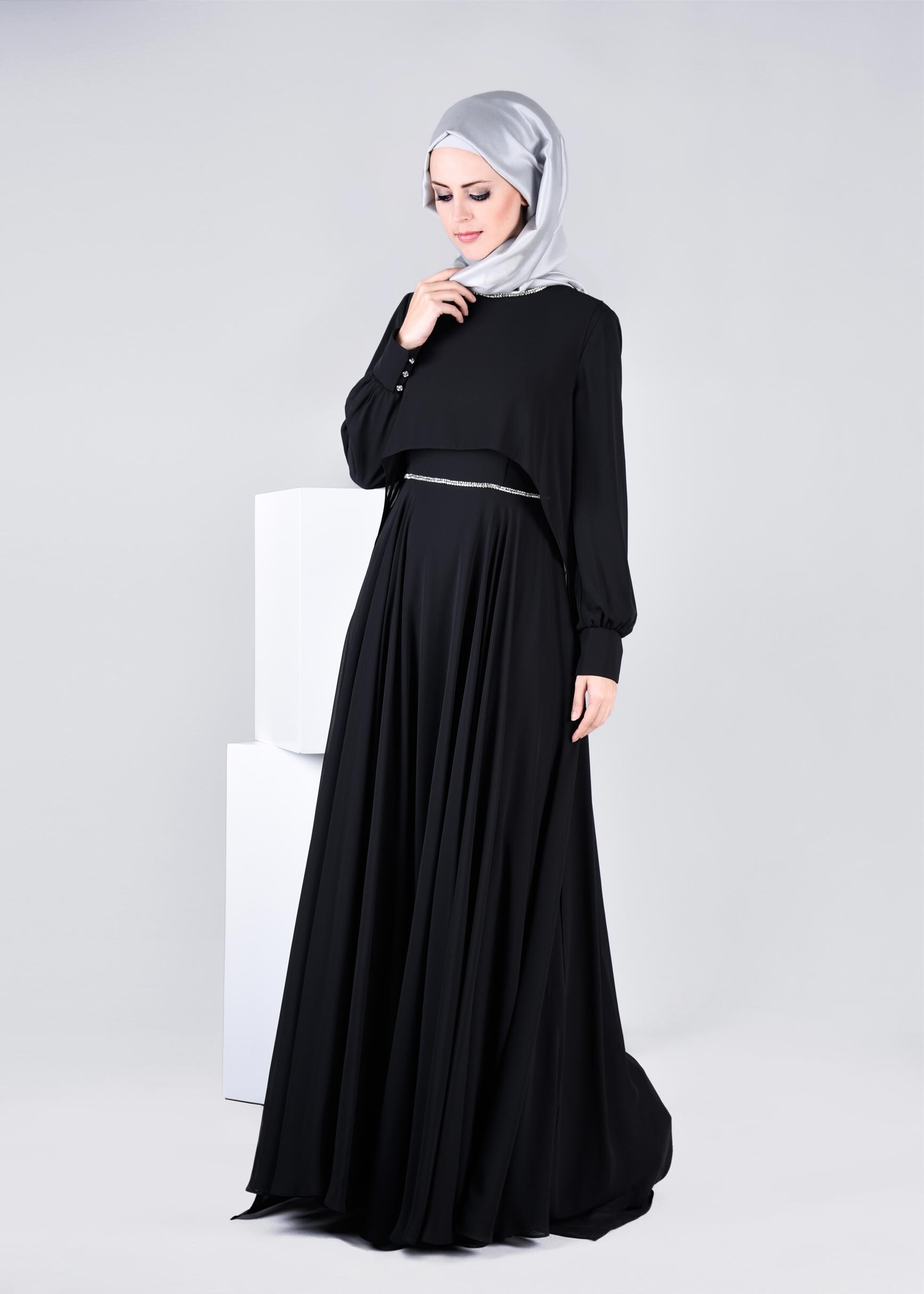 Tesettür giyim SİYAH 5322 NEW MULTİ ŞİFON TESETTÜR 2&prime;Lİ ELB.ABİYE 38/42 TEK40