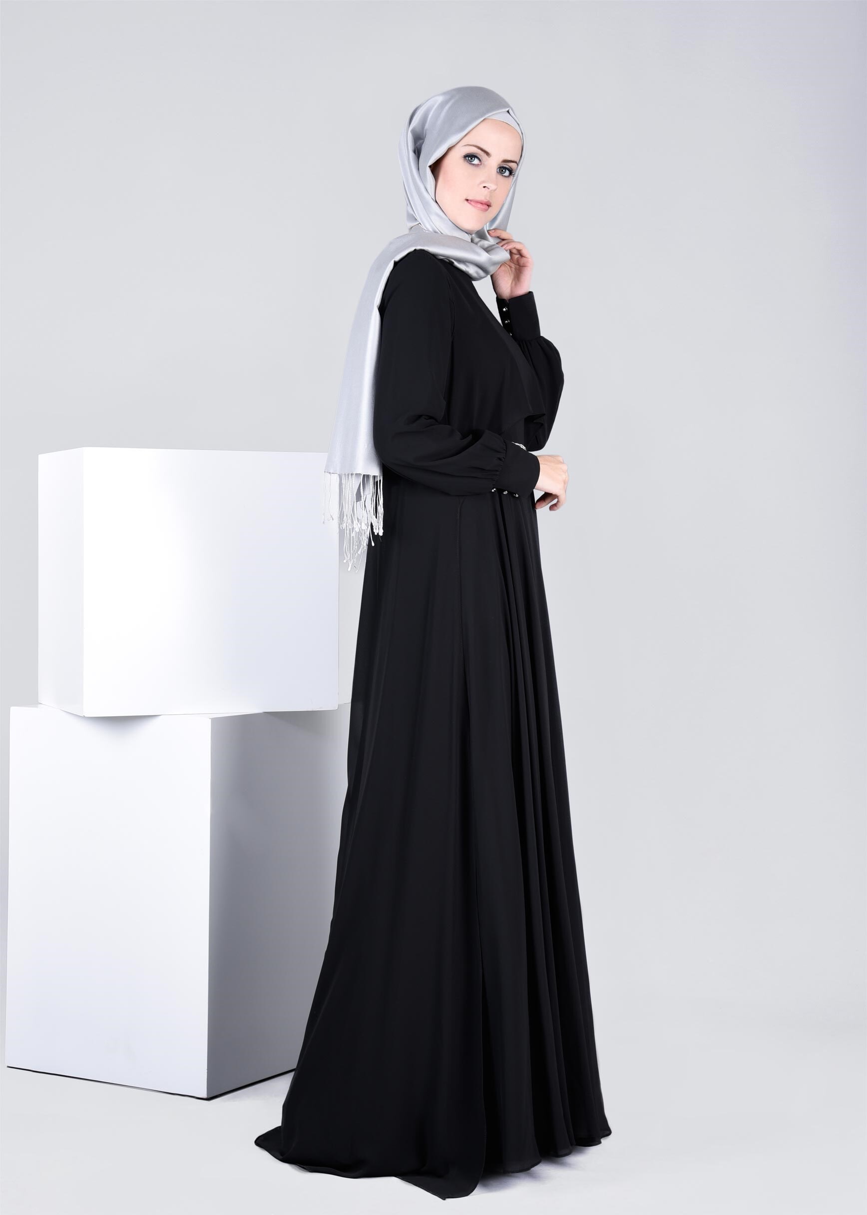 Tesettür giyim SİYAH 5322 NEW MULTİ ŞİFON TESETTÜR 2&prime;Lİ ELB.ABİYE 38/42 TEK40