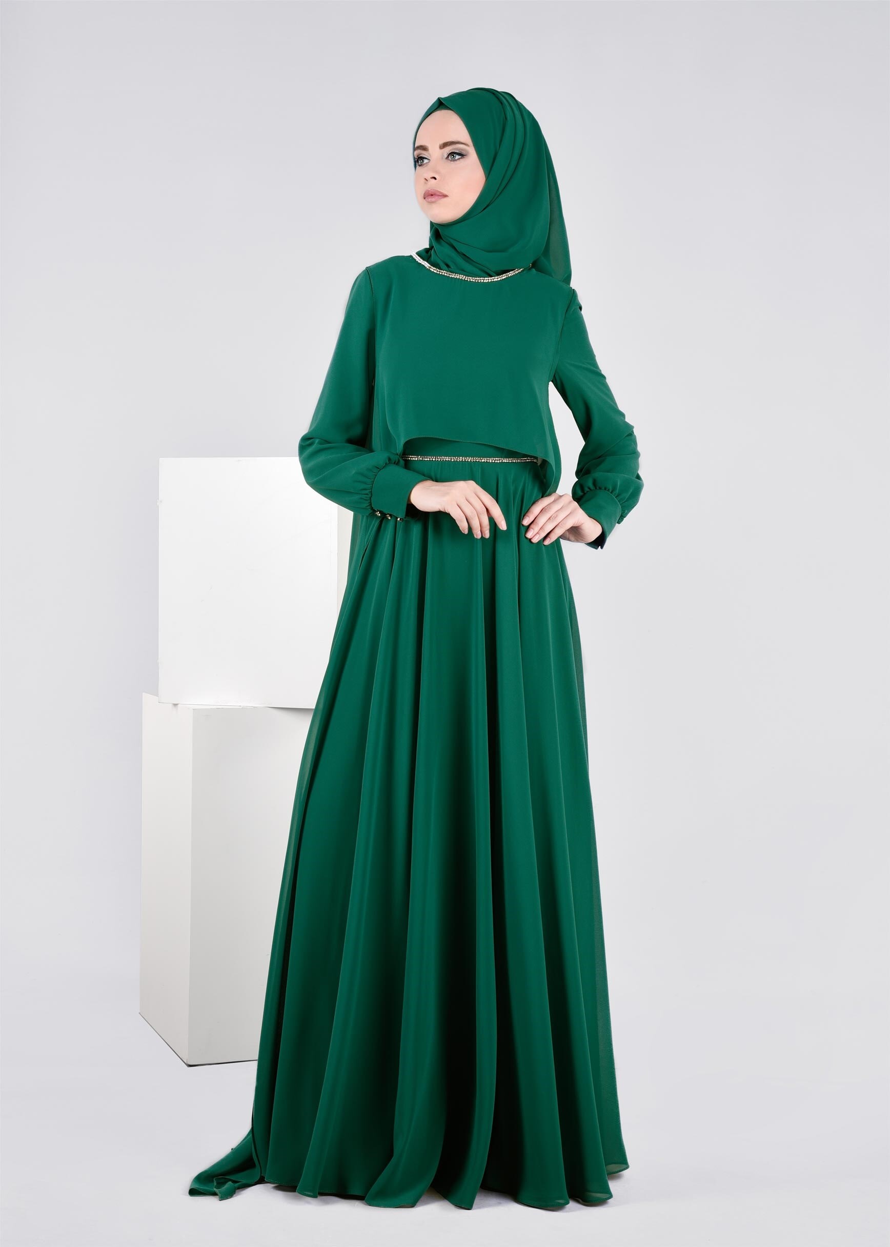 Tesettür giyim YEŞİL 5322 NEW MULTİ ŞİFON TESETTÜR 2&prime;Lİ ELB.ABİYE 38/42 TEK40