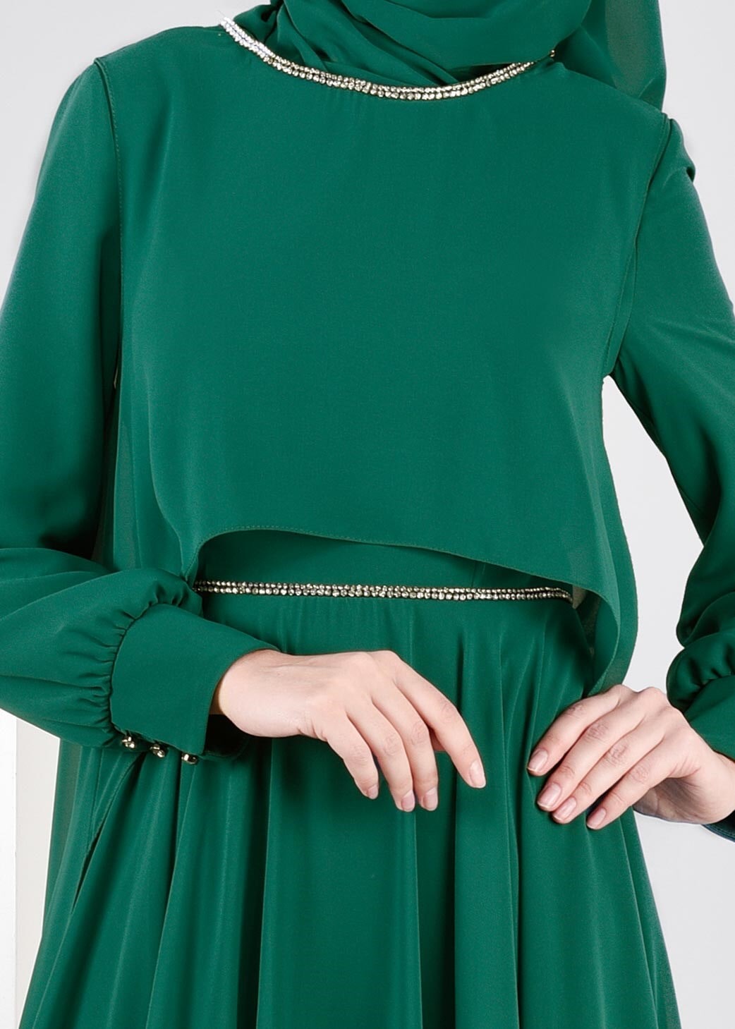 Tesettür giyim YEŞİL 5322 NEW MULTİ ŞİFON TESETTÜR 2&prime;Lİ ELB.ABİYE 38/42 TEK40