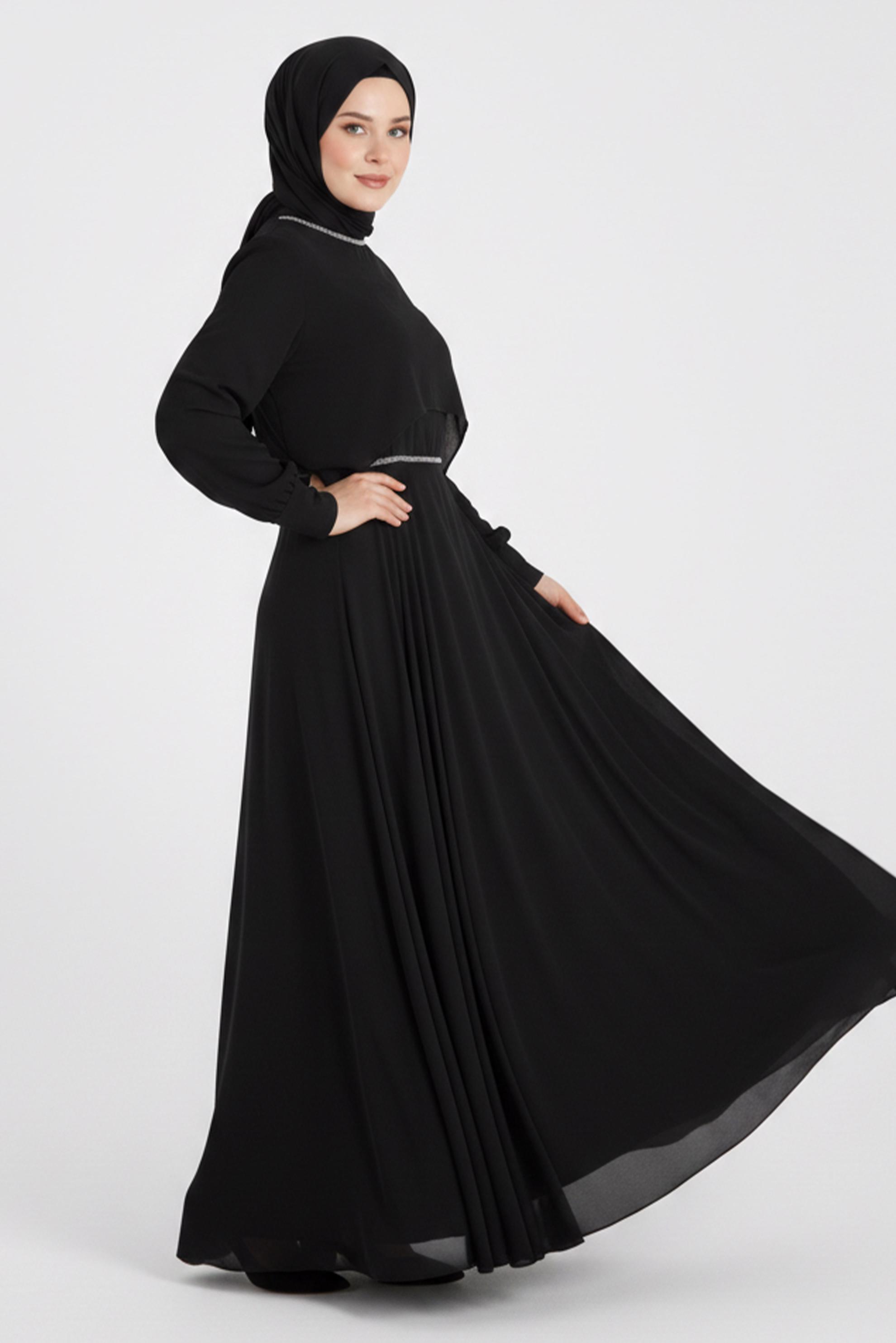 Tesettür giyim SİYAH TAŞ DETAYLI ŞİFON İKİLİ ABİYE ELBİSE 5323